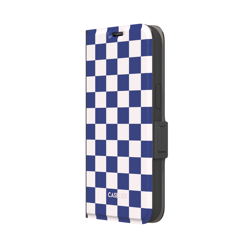 Checkered, navy and cream checkerboard grid pattern, wallet case, right view, phone case by Caselier