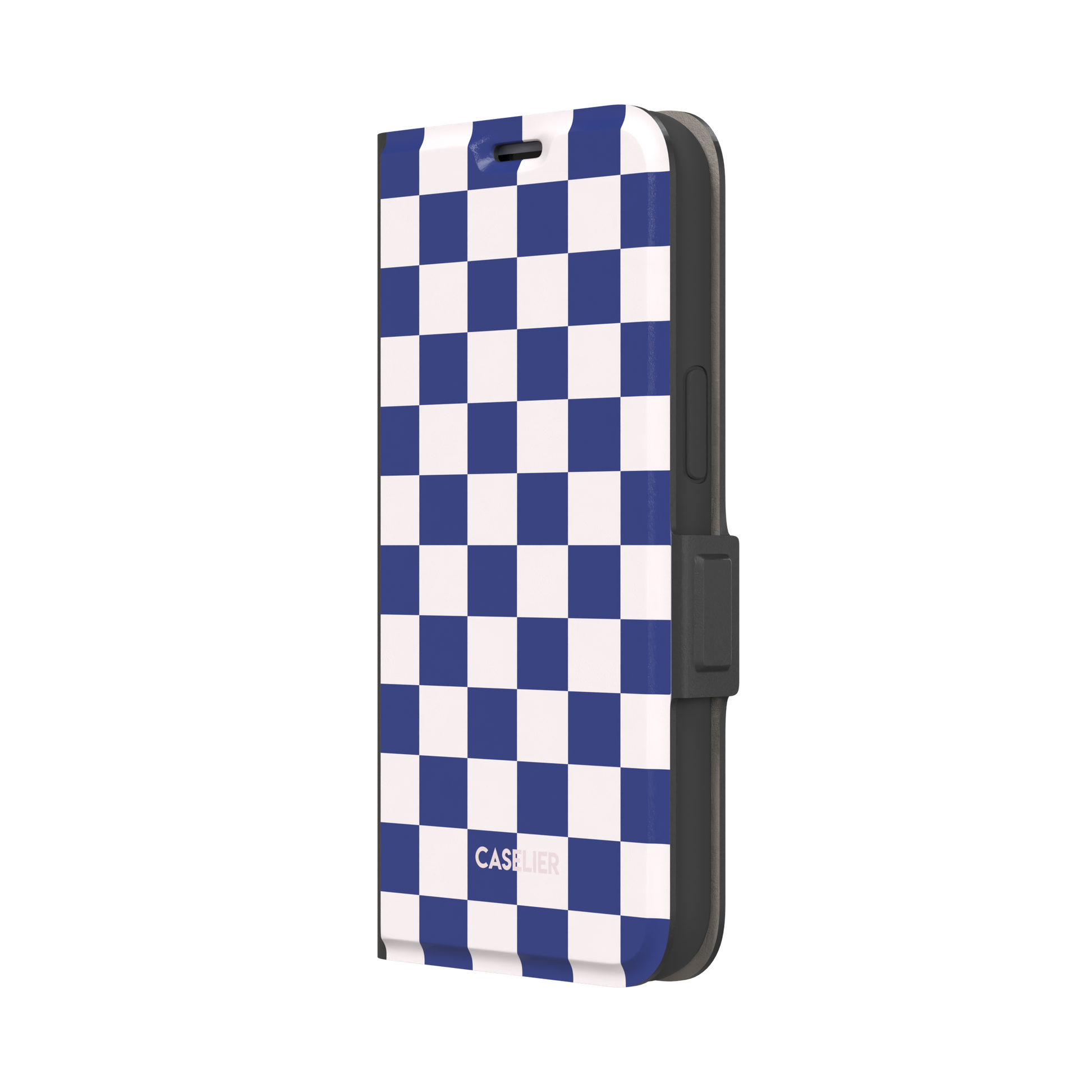 Checkered, navy and cream checkerboard grid pattern, wallet case, right view, phone case by Caselier
