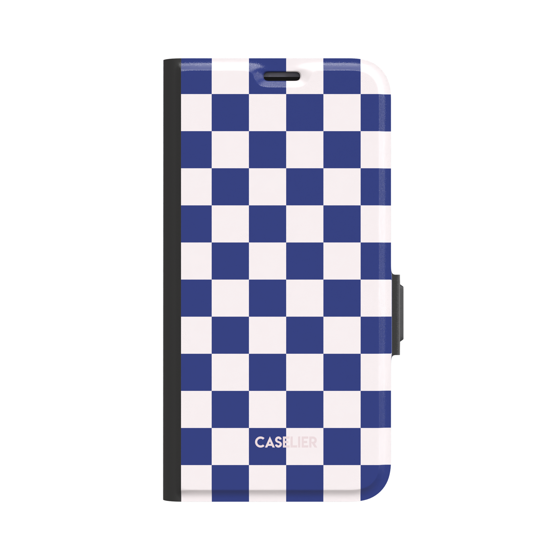 Bold blue and white checkerboard pattern phone case with high-contrast square grid, glossy finish, phone case by Caselier - wallet case, front view | Caselier