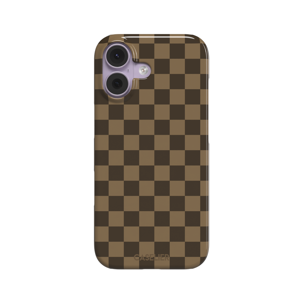 Checkered phone case in deep espresso brown and warm tan checkerboard pattern, phone case by Caselier — snap case, front view