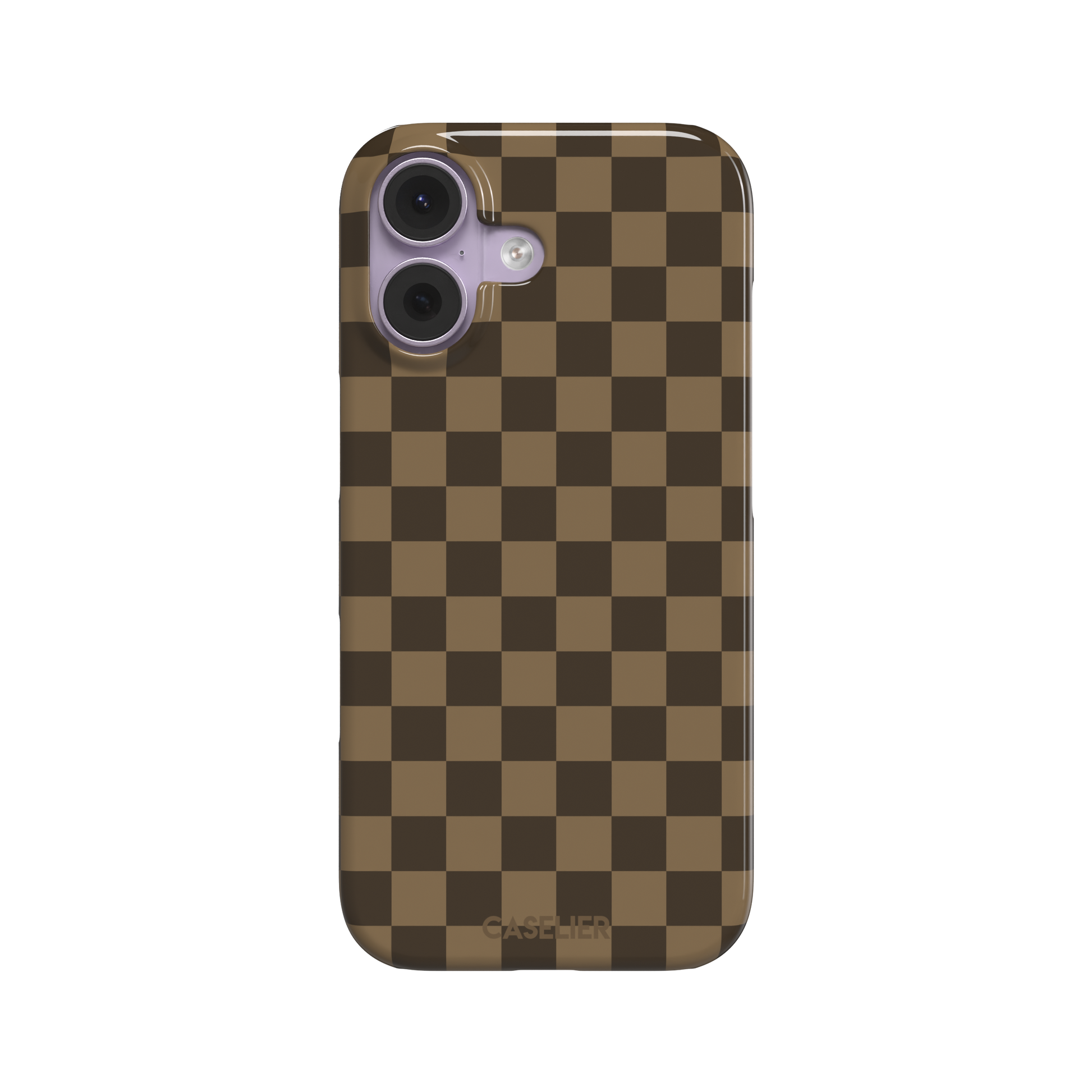 Checkered phone case in deep espresso brown and warm tan checkerboard pattern, phone case by Caselier — snap case, front view