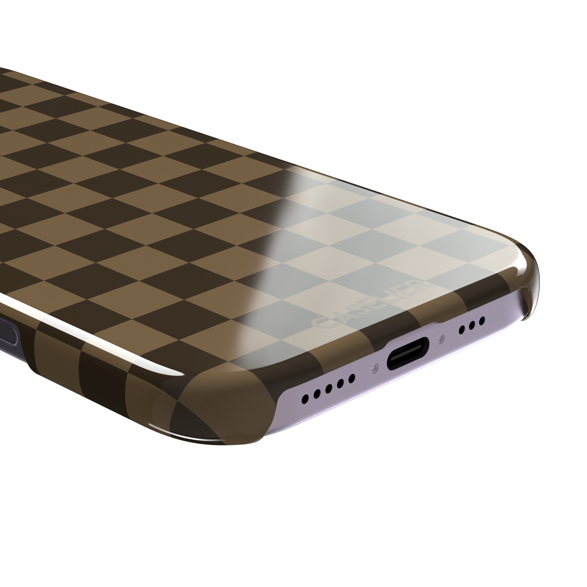 Checkered phone case in deep espresso brown and warm tan checkerboard pattern, phone case by Caselier — snap case, charging port detail