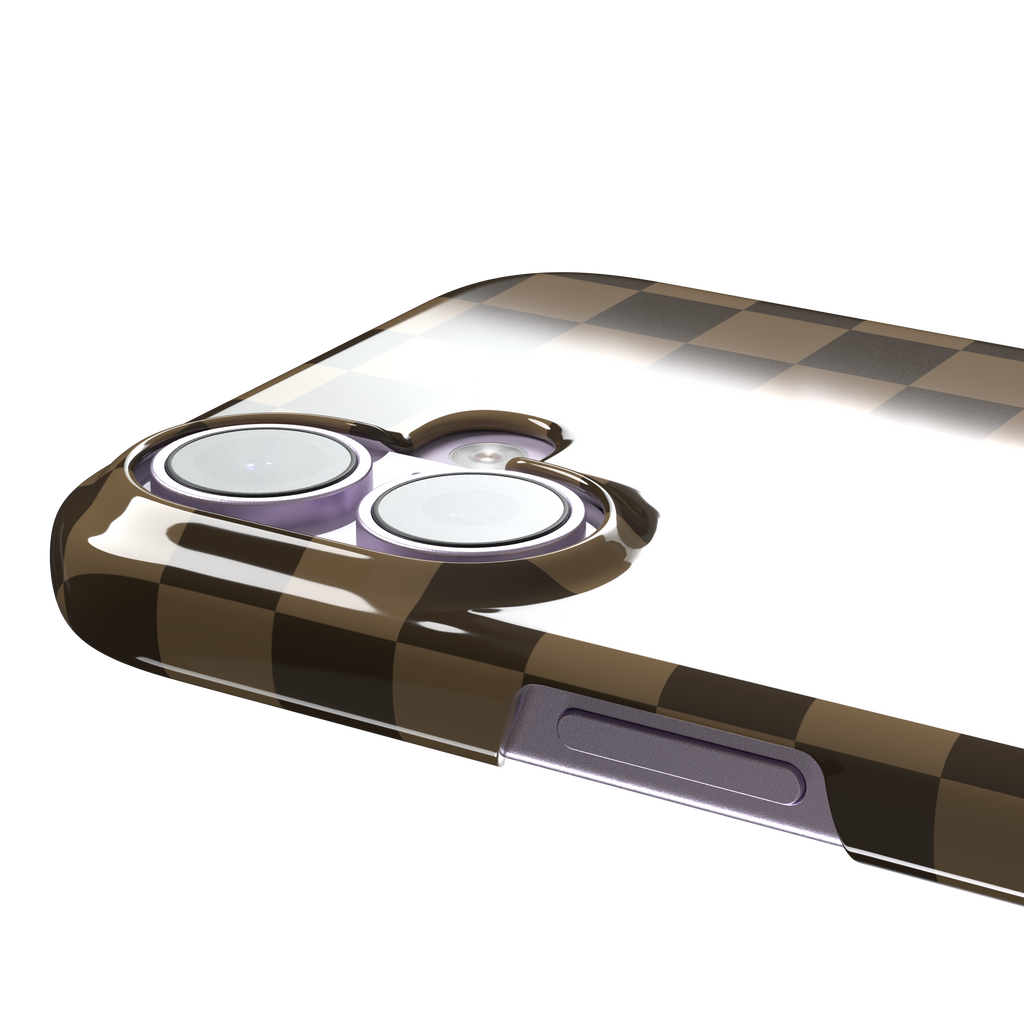 Checkered phone case in deep espresso brown and warm tan checkerboard pattern, phone case by Caselier — snap case, volume buttons detail