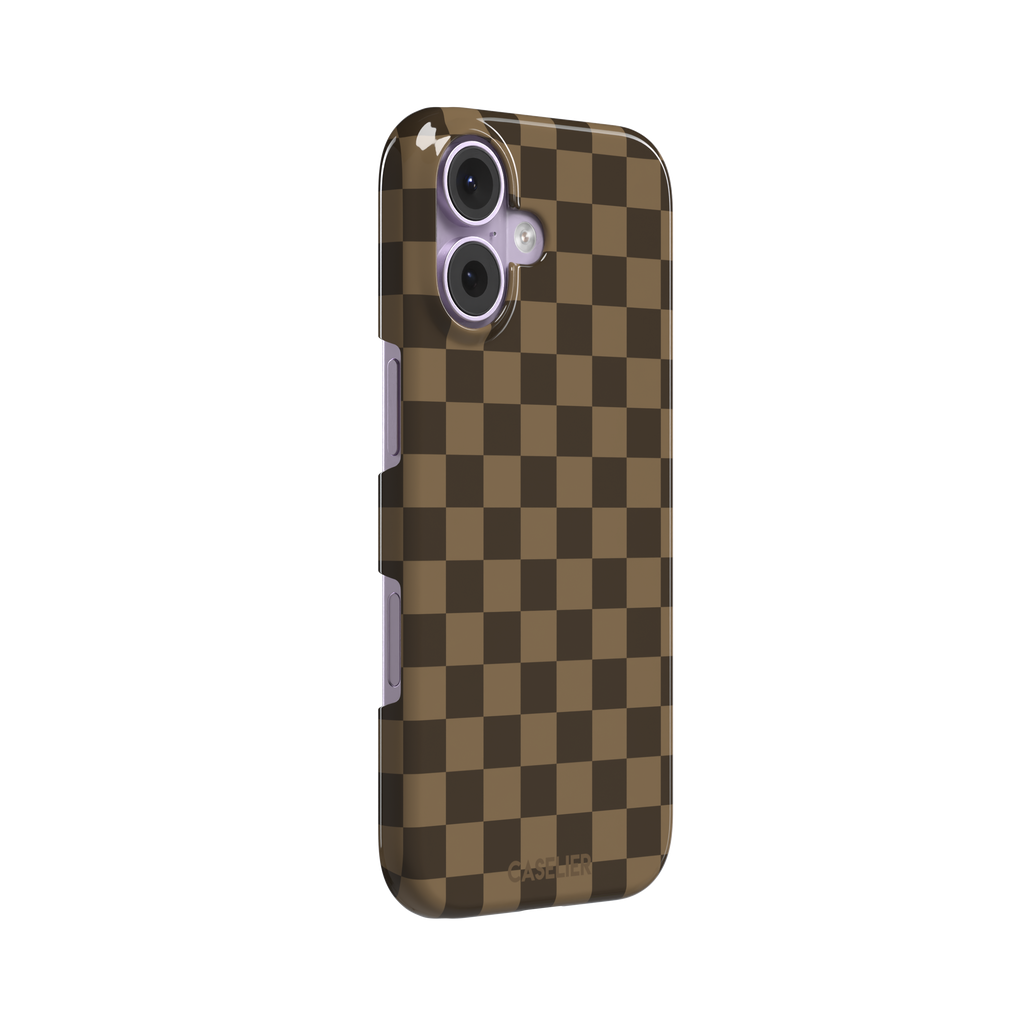 Checkered phone case in deep espresso brown and warm tan checkerboard pattern, phone case by Caselier — snap case, left view