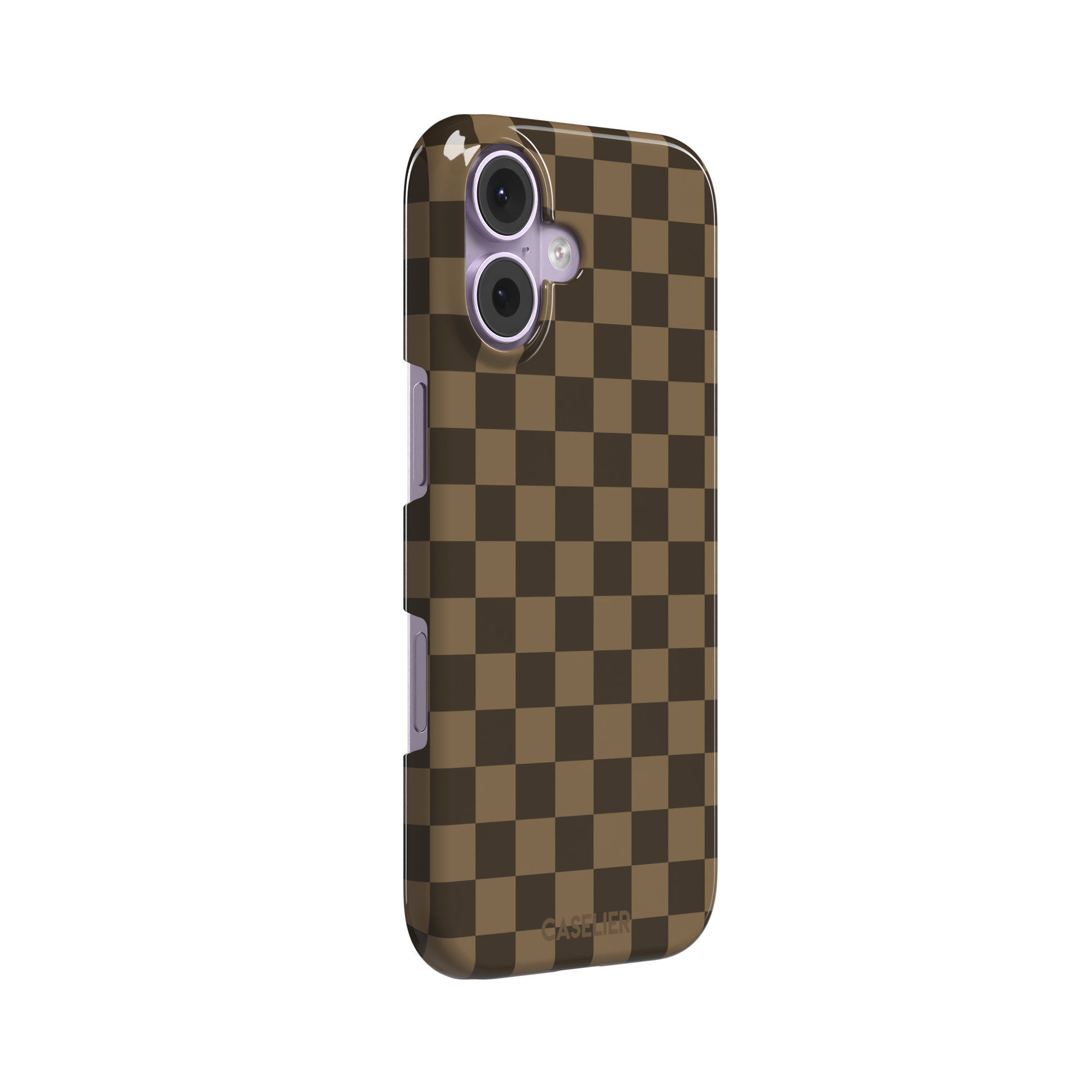 Checkered phone case in deep espresso brown and warm tan checkerboard pattern, phone case by Caselier — snap case, left view