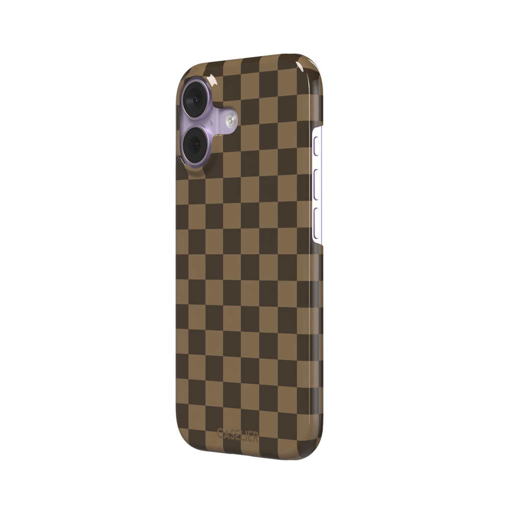 Checkered phone case in deep espresso brown and warm tan checkerboard pattern, phone case by Caselier — snap case, right view