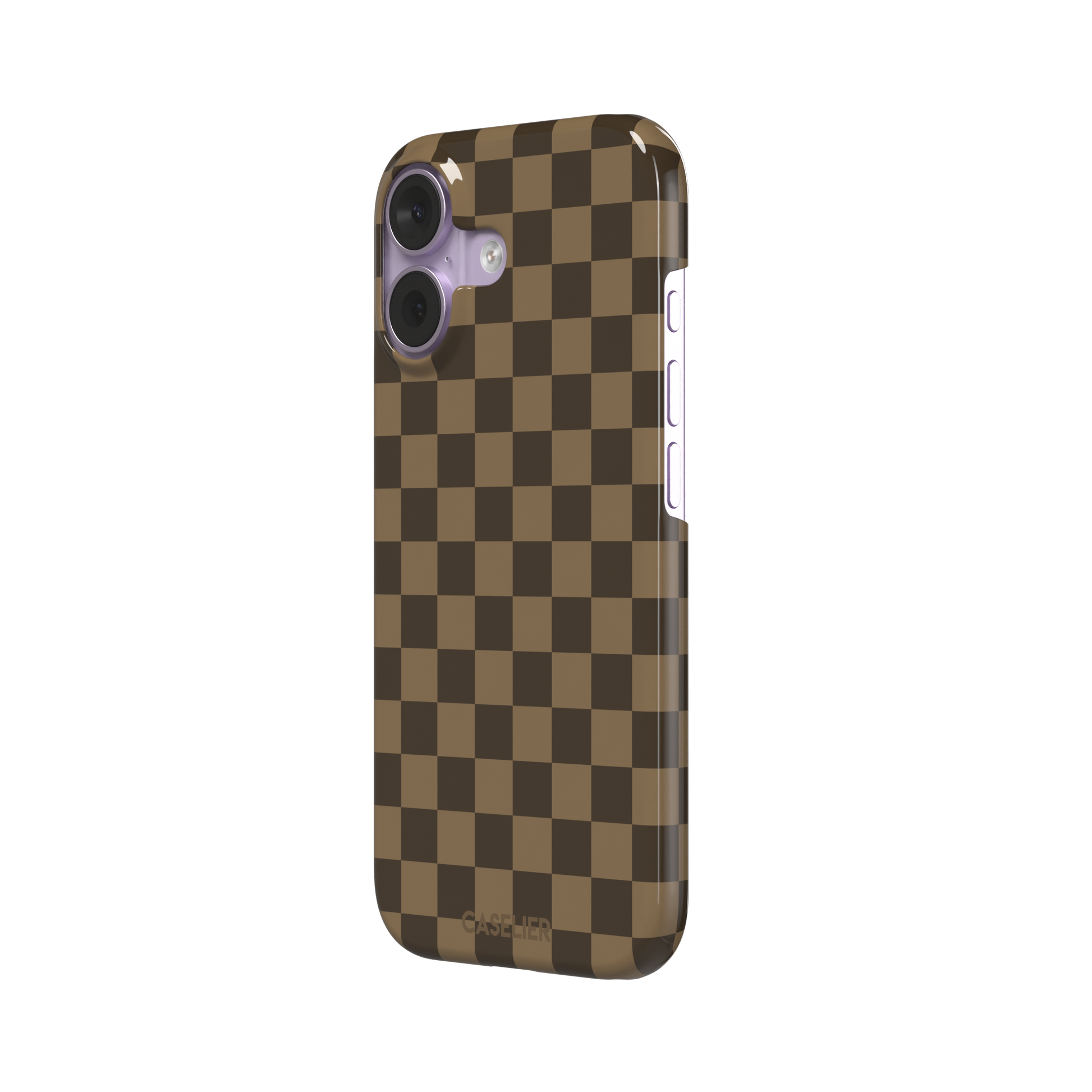Checkered phone case in deep espresso brown and warm tan checkerboard pattern, phone case by Caselier — snap case, right view