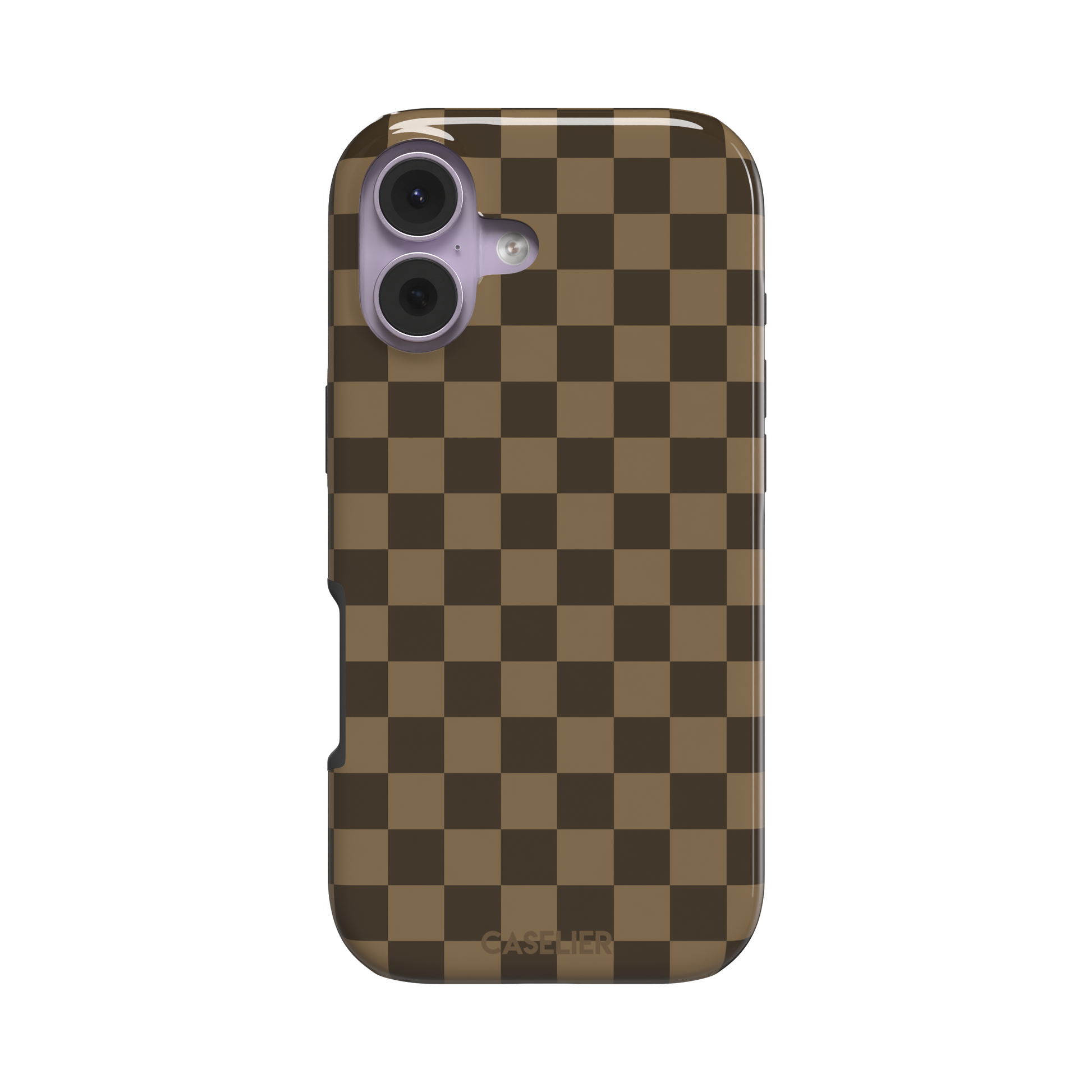 Checkered phone case in deep espresso brown and warm tan checkerboard pattern, phone case by Caselier — tough case, front view