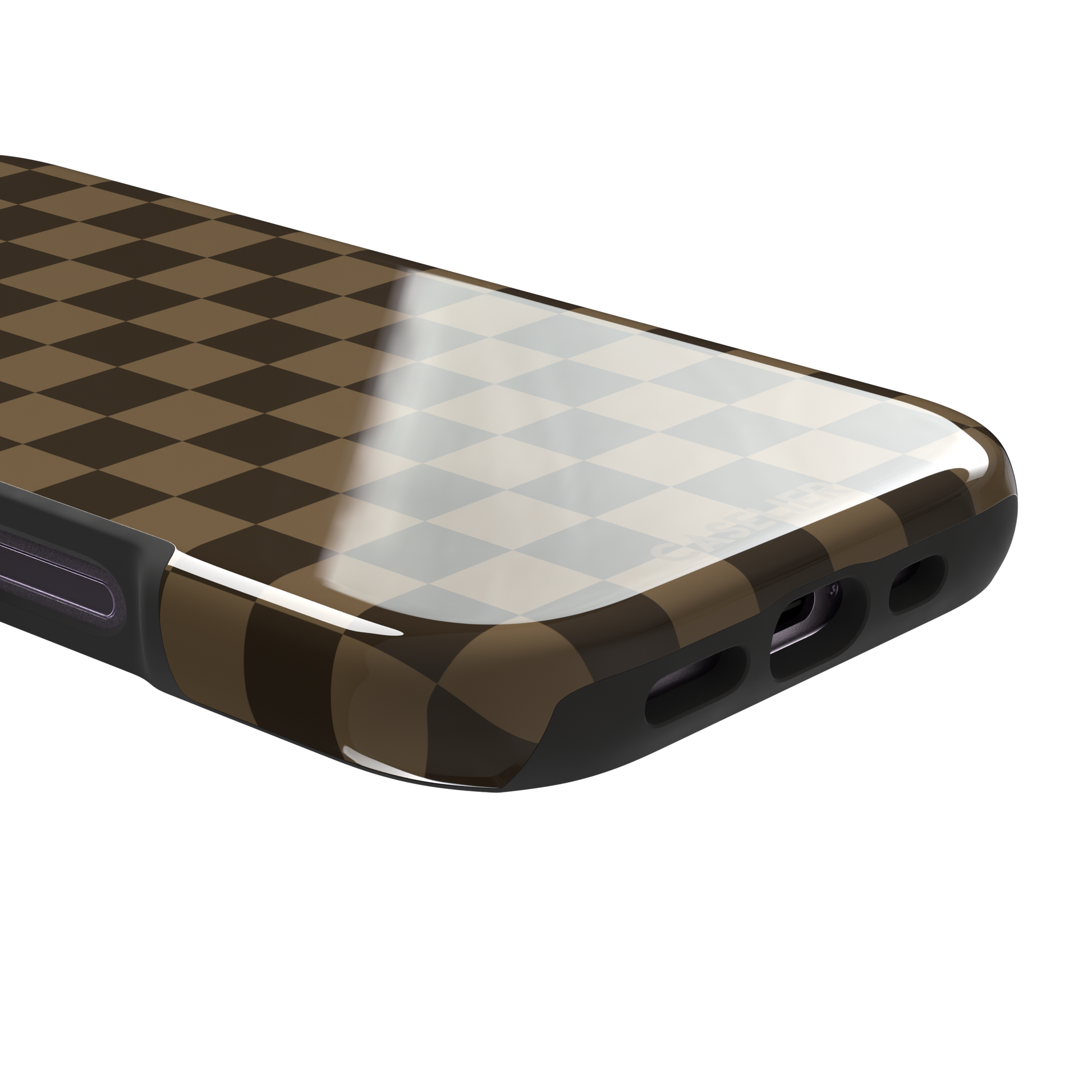 Checkered phone case in deep espresso brown and warm tan checkerboard pattern, phone case by Caselier — tough case, charging port detail