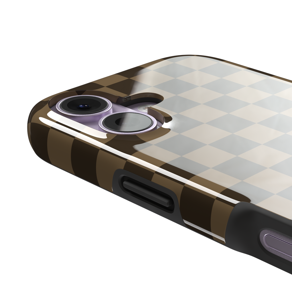 Checkered phone case in deep espresso brown and warm tan checkerboard pattern, phone case by Caselier — tough case, volume buttons detail