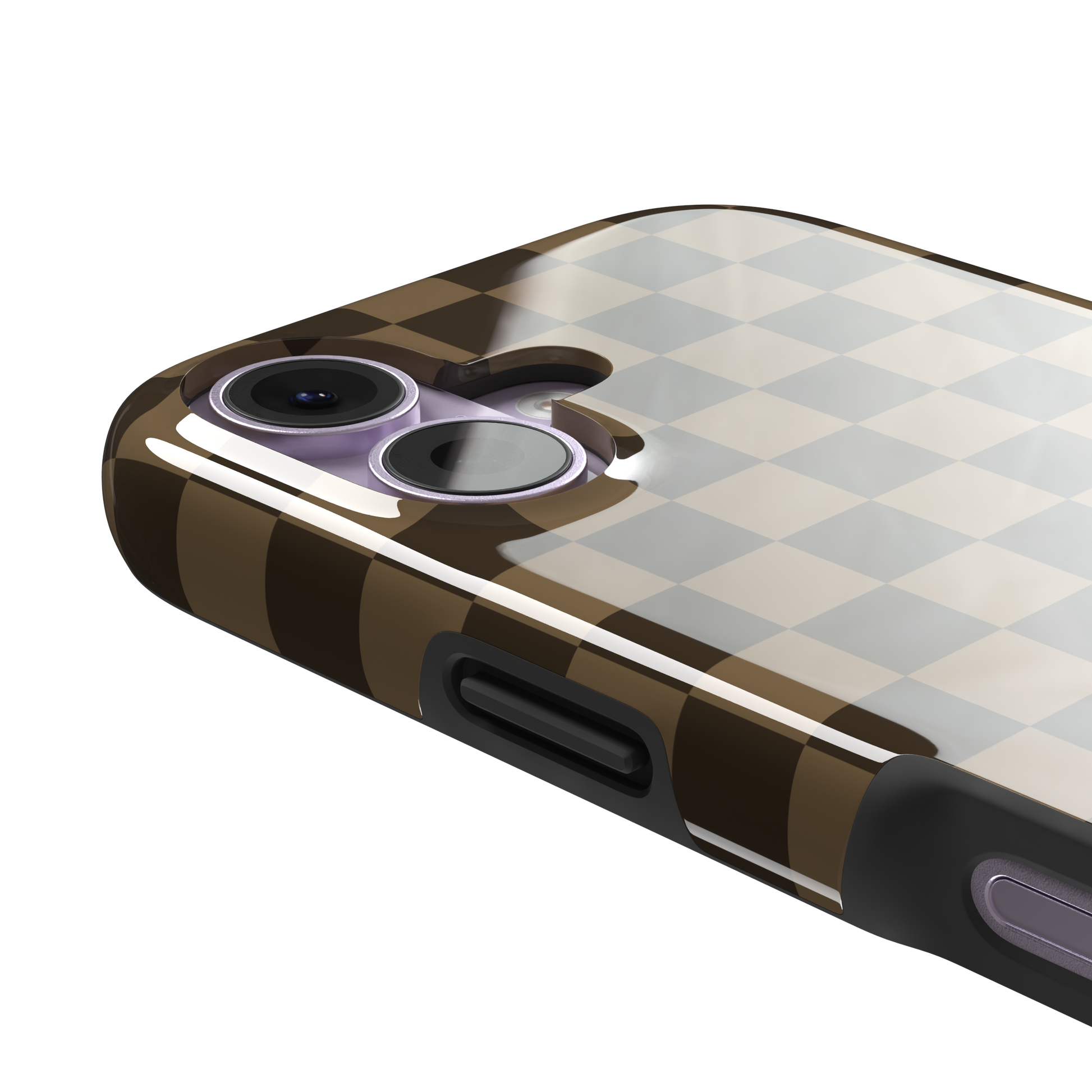 Checkered phone case in deep espresso brown and warm tan checkerboard pattern, phone case by Caselier — tough case, volume buttons detail