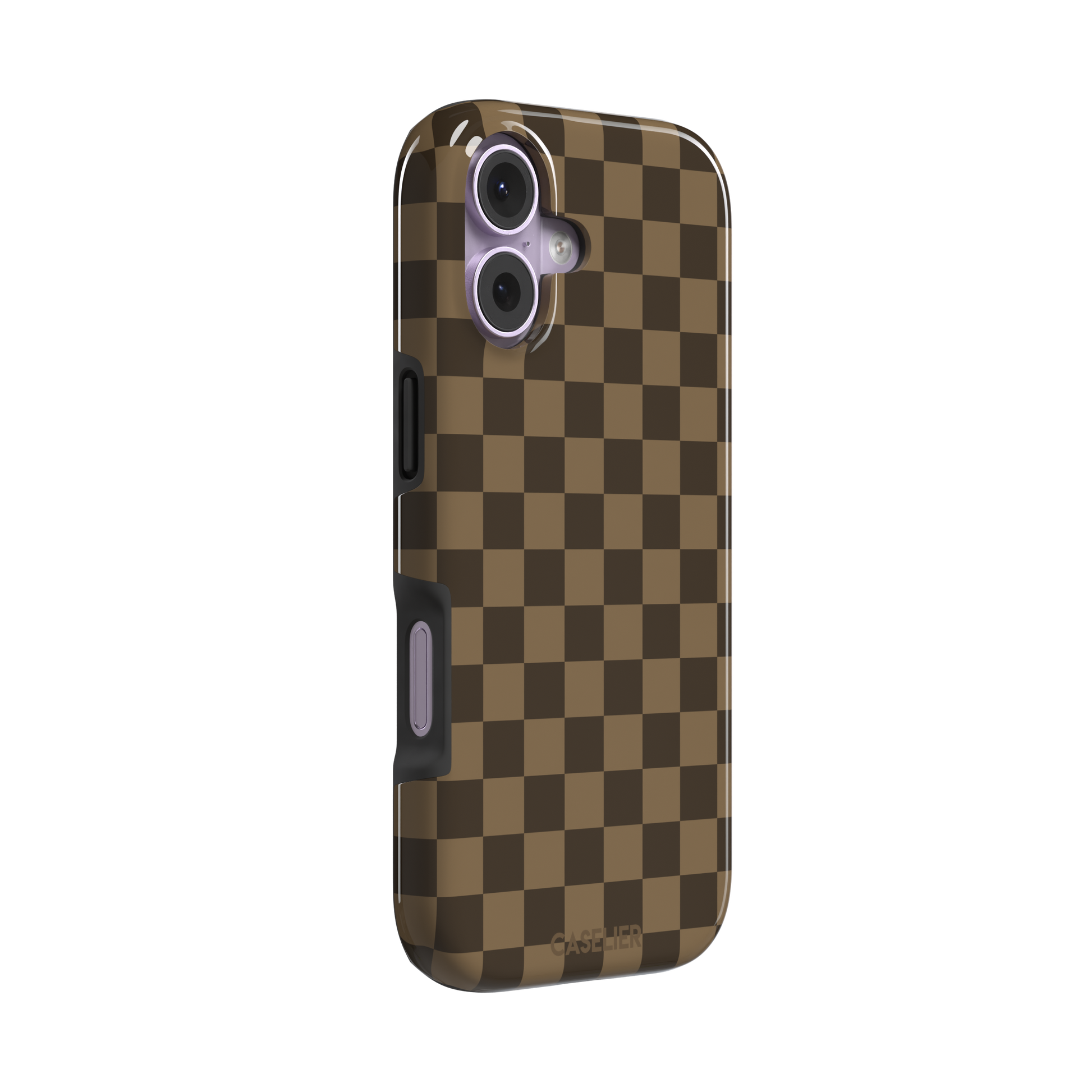 Checkered phone case in deep espresso brown and warm tan checkerboard pattern, phone case by Caselier — tough case, left view