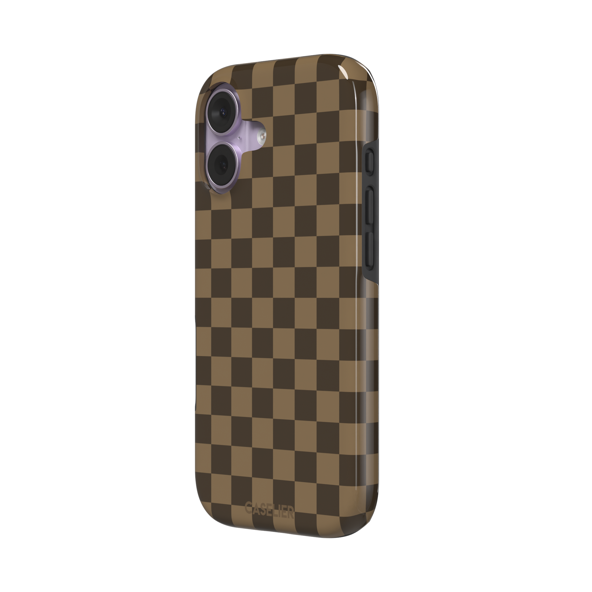 Checkered phone case in deep espresso brown and warm tan checkerboard pattern, phone case by Caselier — tough case, right view