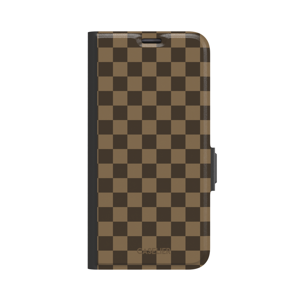 Checkered phone case in deep espresso brown and warm tan checkerboard pattern, phone case by Caselier — wallet case, front view