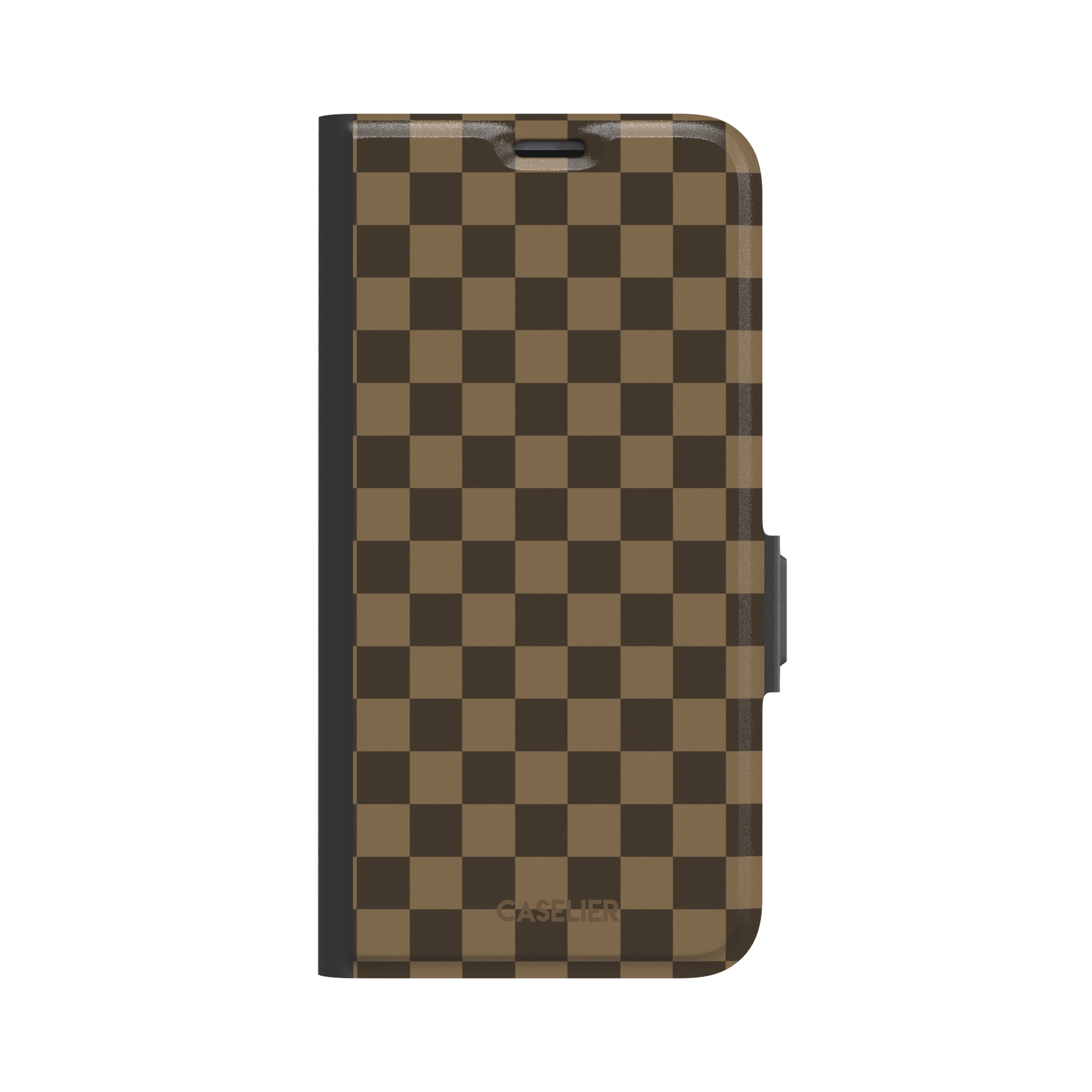 Checkered phone case in deep espresso brown and warm tan checkerboard pattern, phone case by Caselier — wallet case, front view