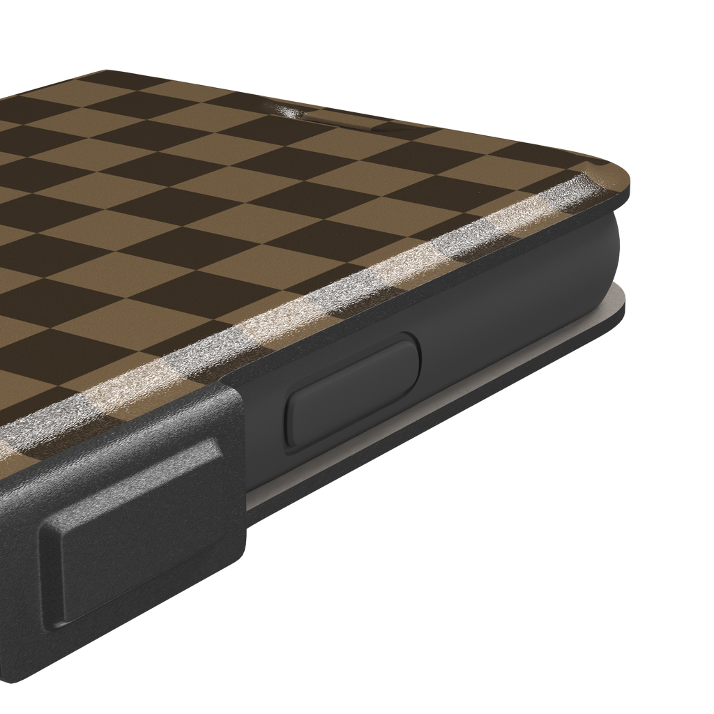 Checkered phone case in deep espresso brown and warm tan checkerboard pattern, phone case by Caselier — wallet case, volume buttons detail