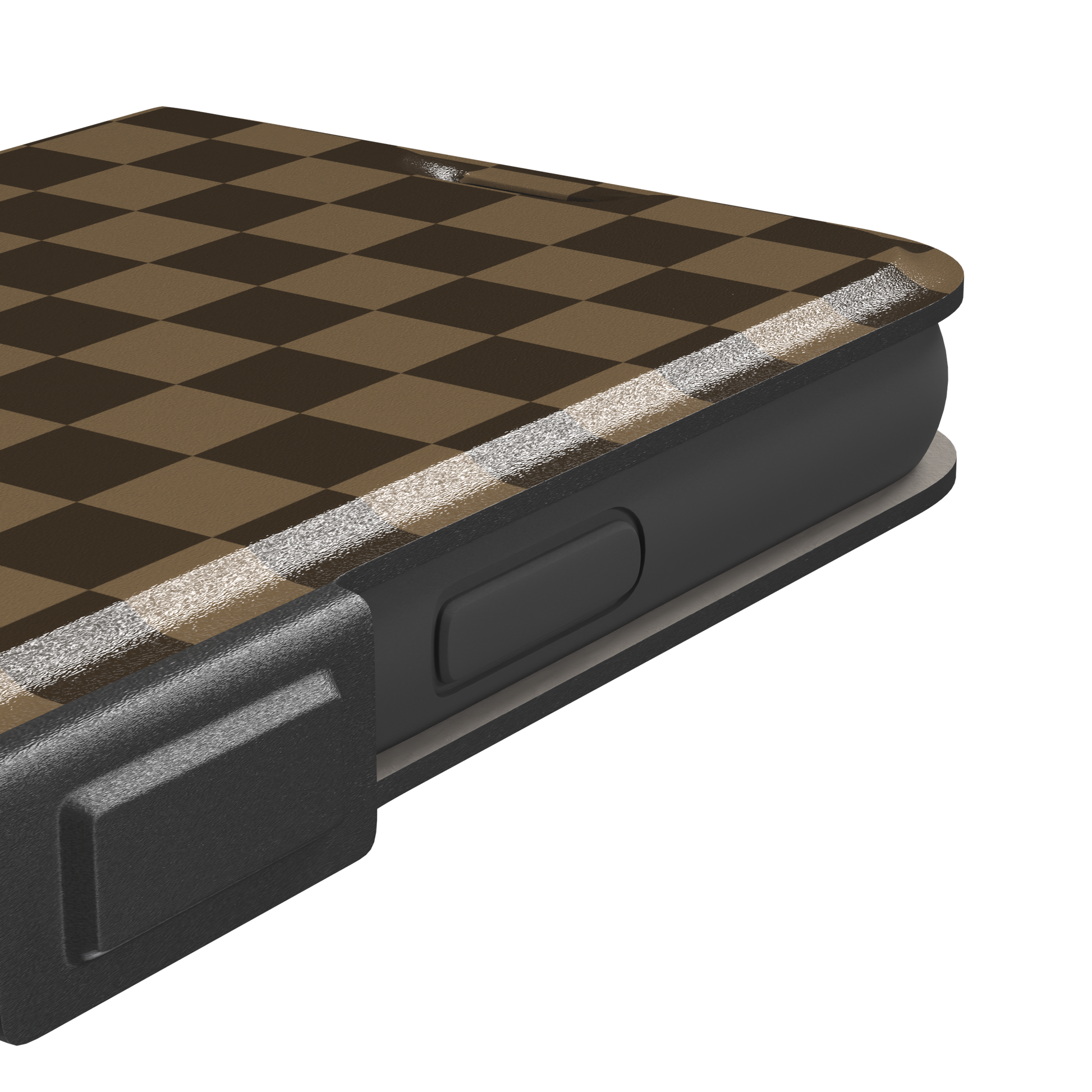 Checkered phone case in deep espresso brown and warm tan checkerboard pattern, phone case by Caselier — wallet case, volume buttons detail