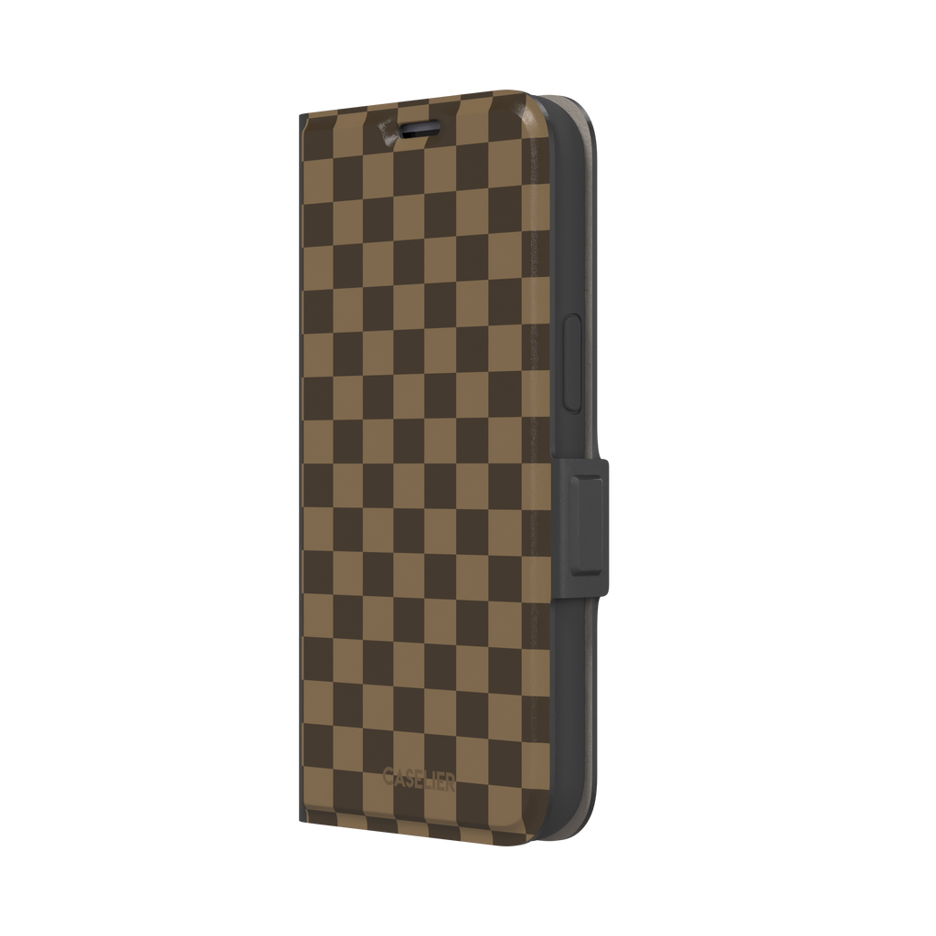 Checkered phone case in deep espresso brown and warm tan checkerboard pattern, phone case by Caselier — wallet case, right view
