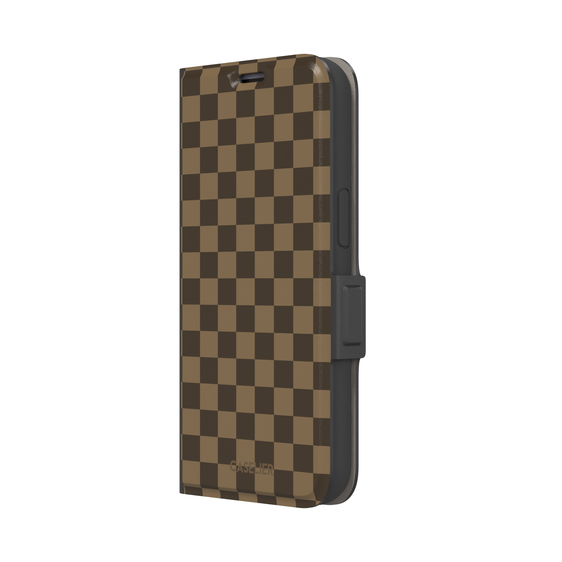 Checkered phone case in deep espresso brown and warm tan checkerboard pattern, phone case by Caselier — wallet case, right view