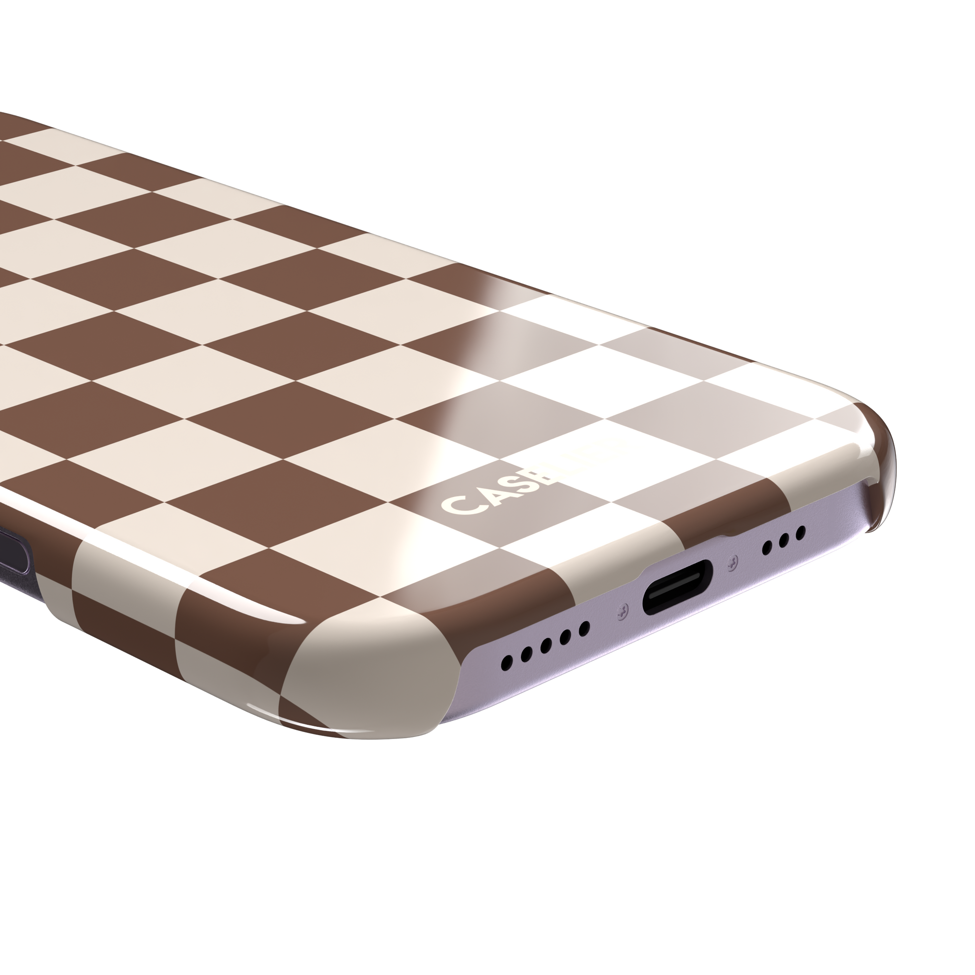 Checkered, brown and cream checkerboard grid pattern, snap case, charging port detail, phone case by Caselier