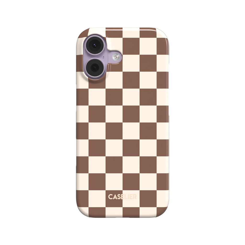 Warm brown and cream checkerboard pattern phone case with retro two-tone square grid, glossy finish, phone case by Caselier - snap case, front view | Caselier