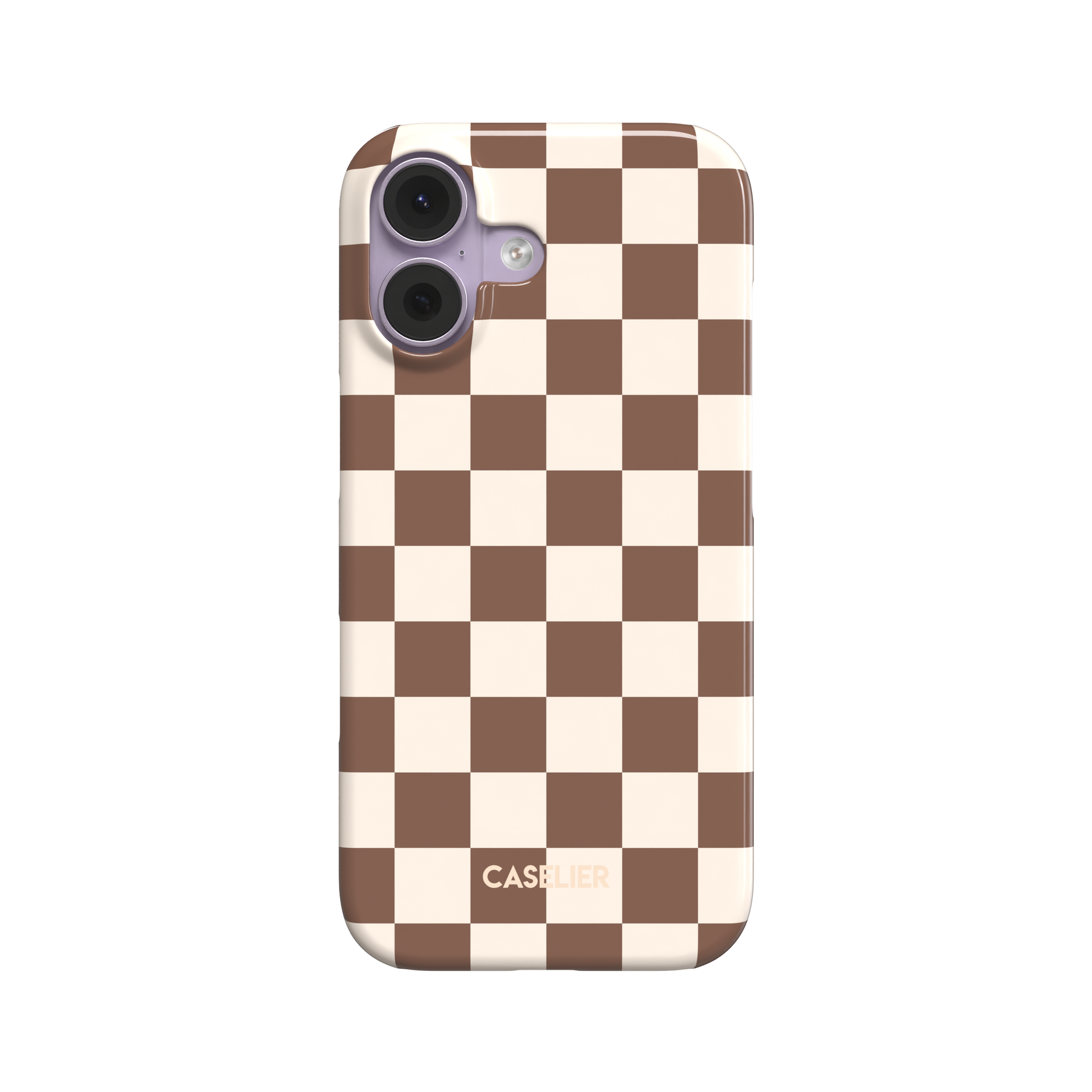 Warm brown and cream checkerboard pattern phone case with retro two-tone square grid, glossy finish, phone case by Caselier - snap case, front view | Caselier