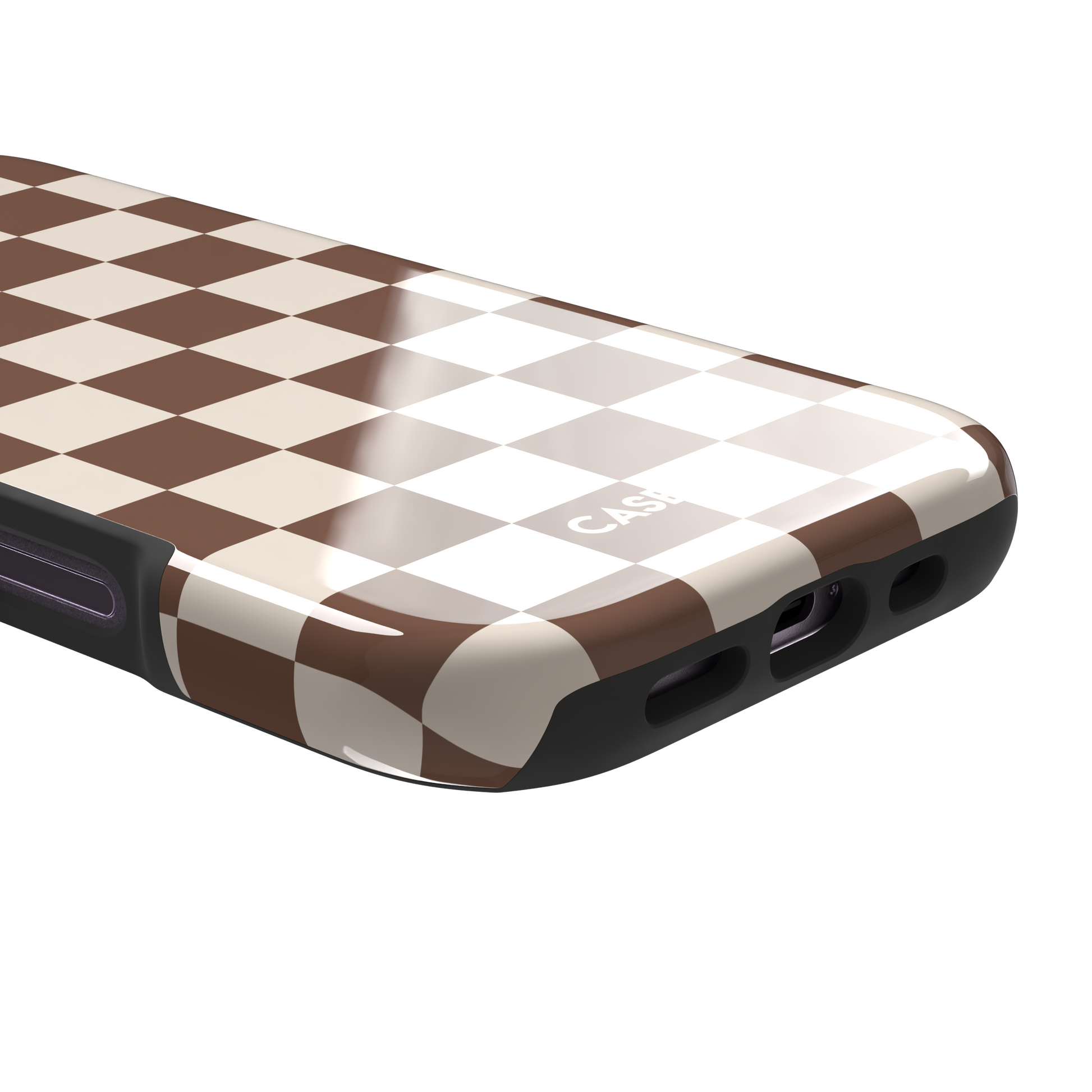 Checkered, brown and cream checkerboard grid pattern, tough case, charging port detail, phone case by Caselier