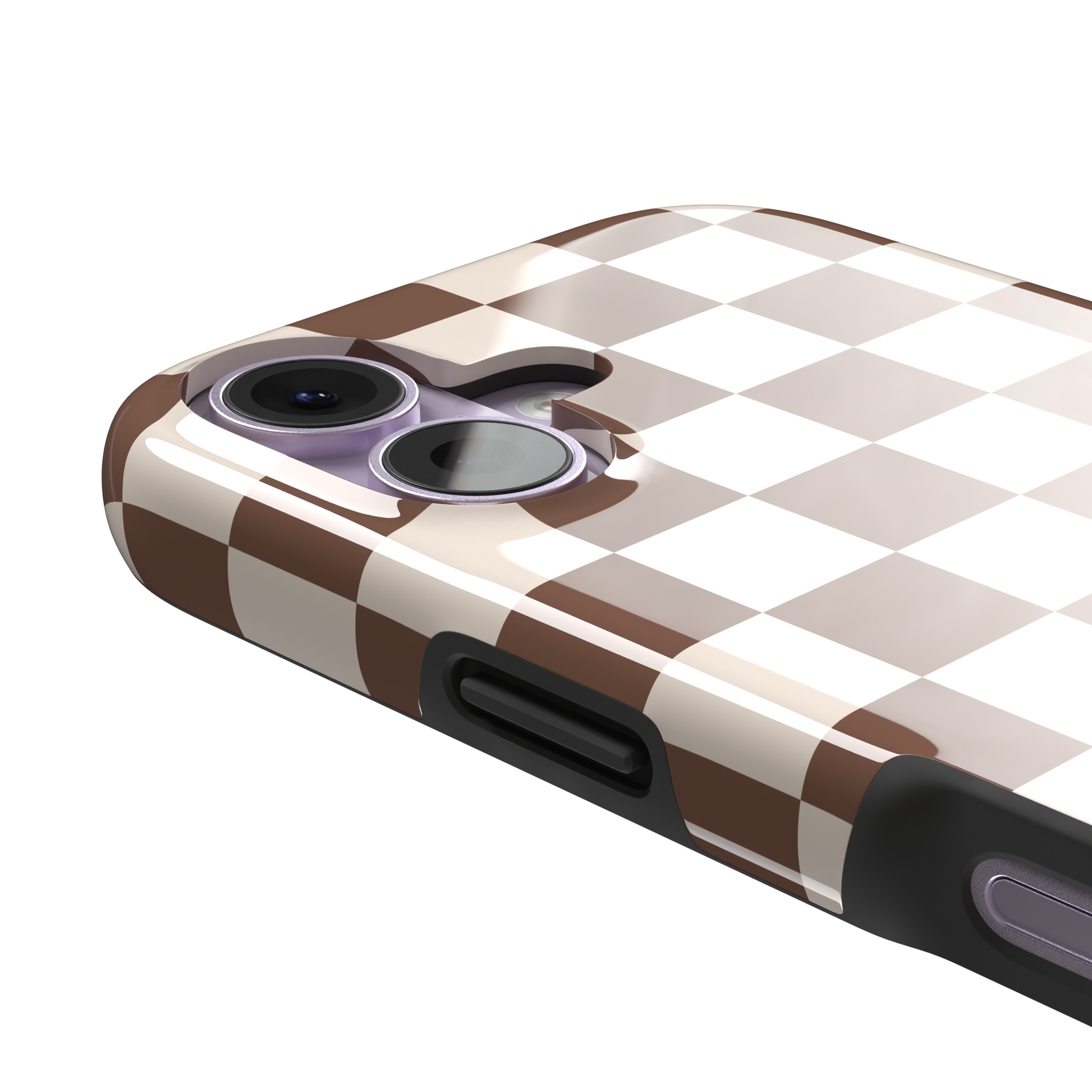 Checkered, brown and cream checkerboard grid pattern, tough case, volume buttons detail, phone case by Caselier