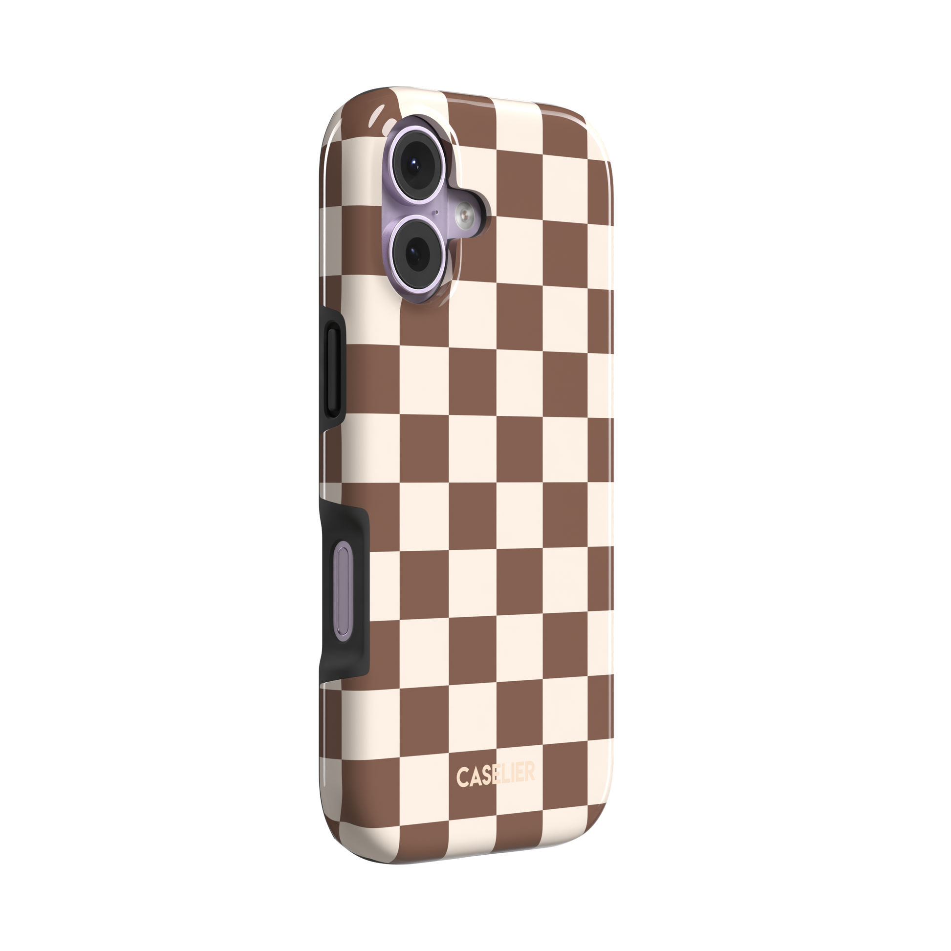 Checkered, brown and cream checkerboard grid pattern, tough case, left view, phone case by Caselier