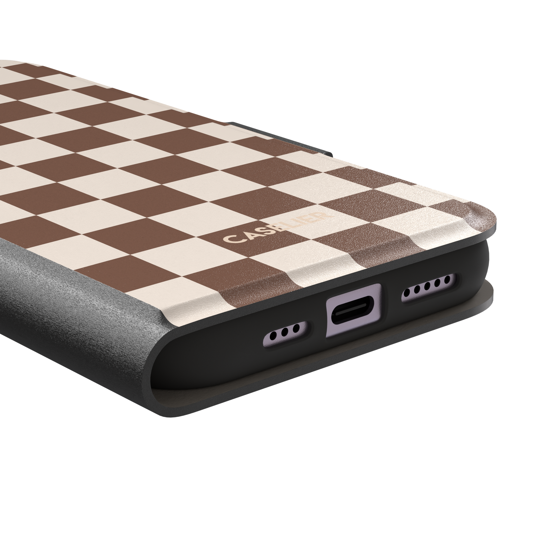 Checkered, brown and cream checkerboard grid pattern, wallet case, charging port detail, phone case by Caselier