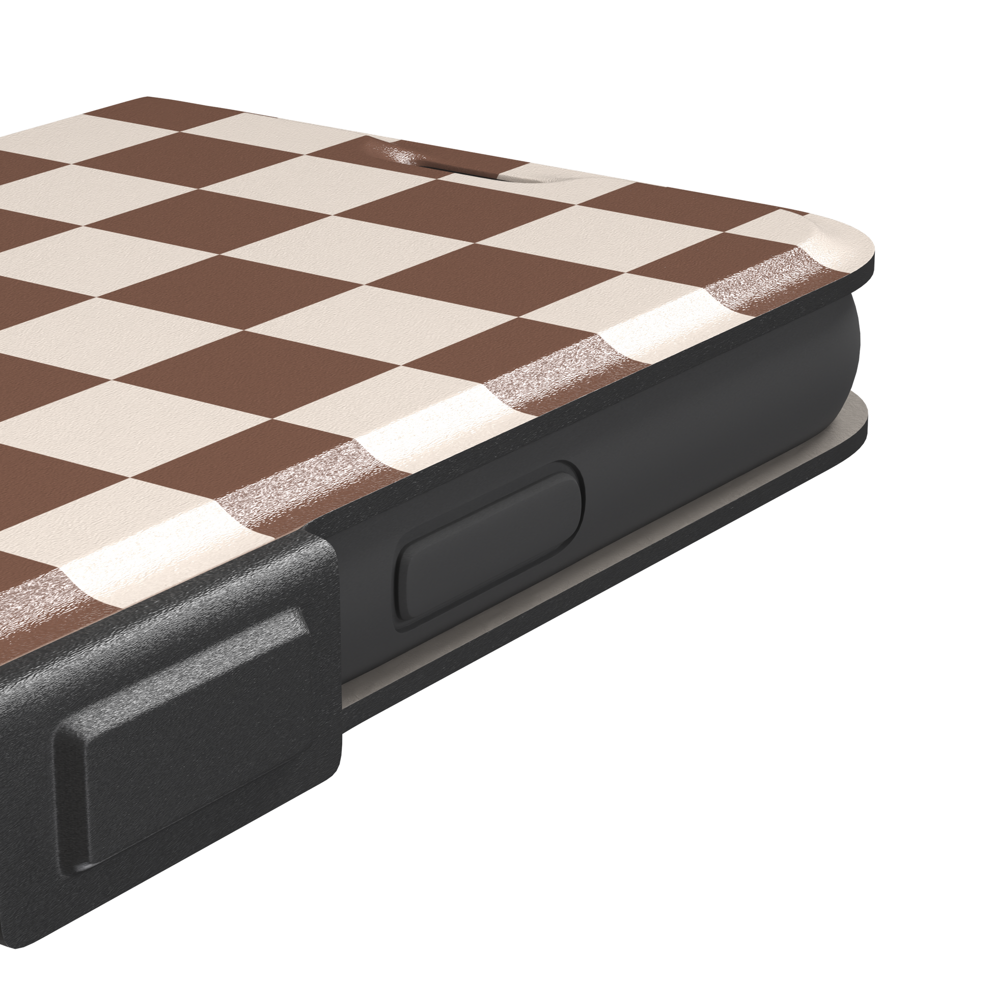 Checkered, brown and cream checkerboard grid pattern, wallet case, volume buttons detail, phone case by Caselier
