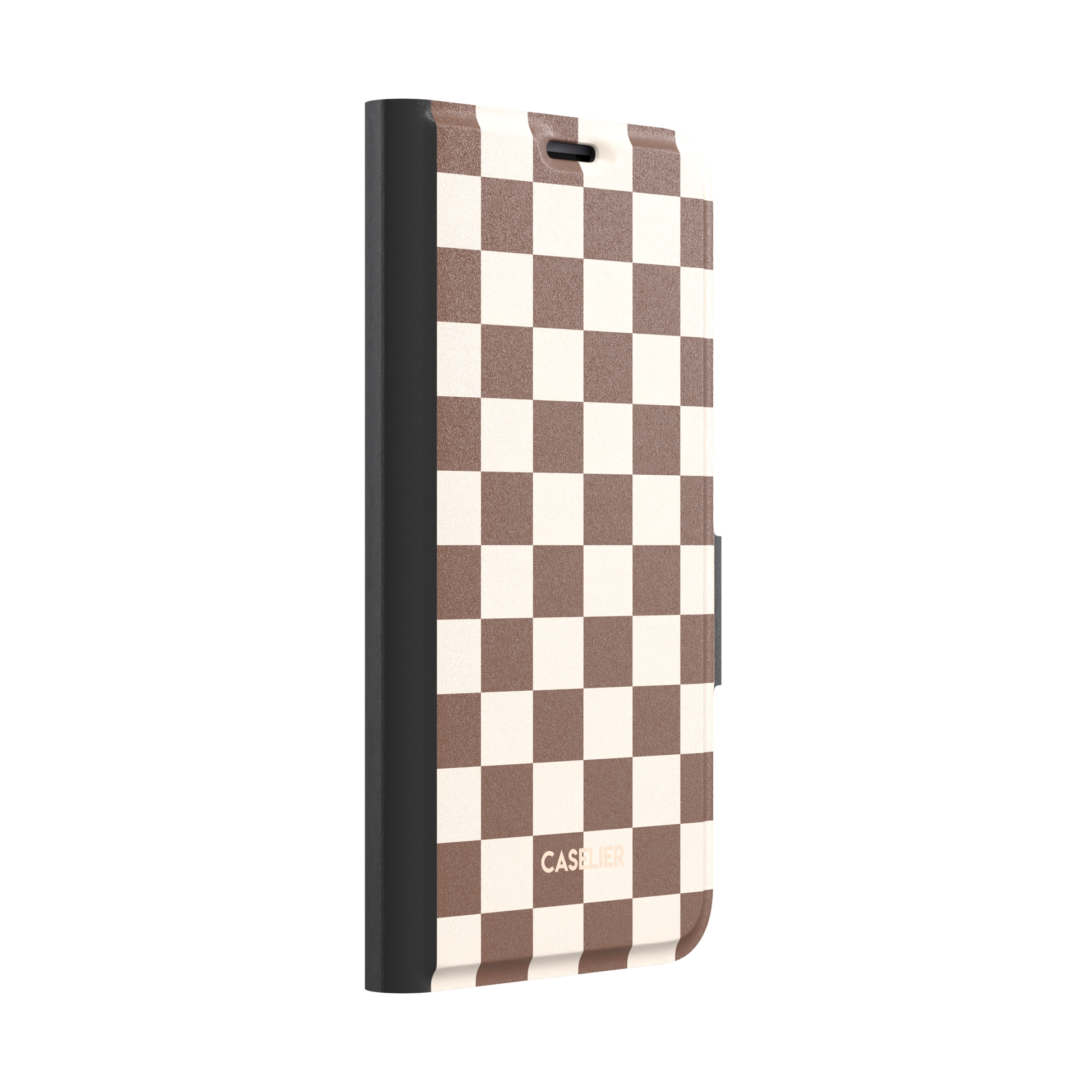 Checkered, brown and cream checkerboard grid pattern, wallet case, left view, phone case by Caselier