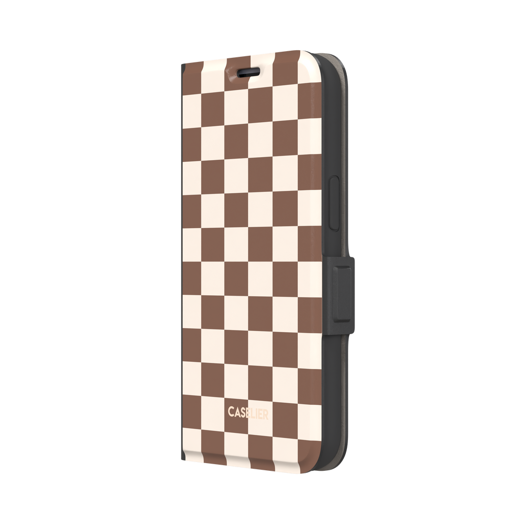 Checkered, brown and cream checkerboard grid pattern, wallet case, right view, phone case by Caselier