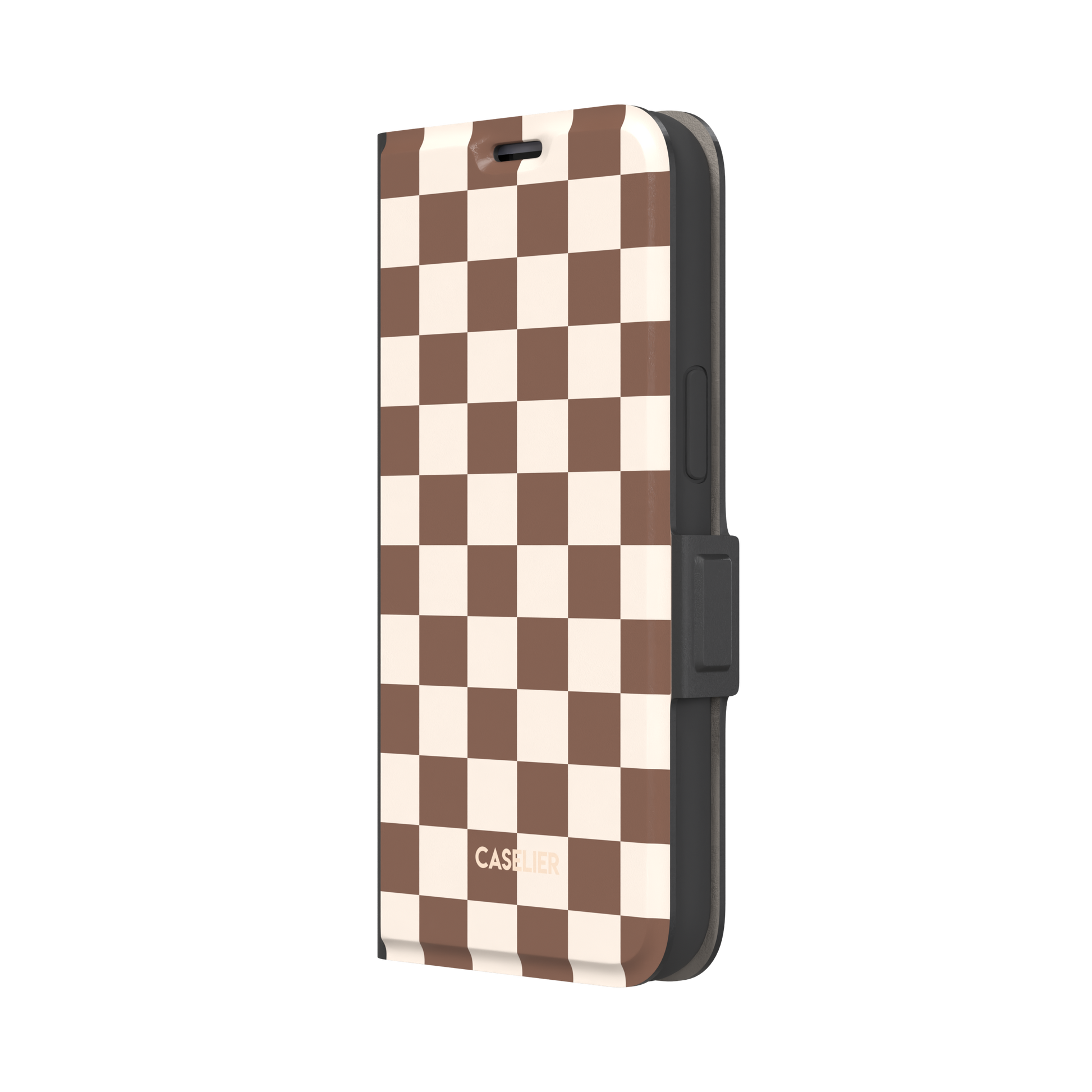 Checkered, brown and cream checkerboard grid pattern, wallet case, right view, phone case by Caselier