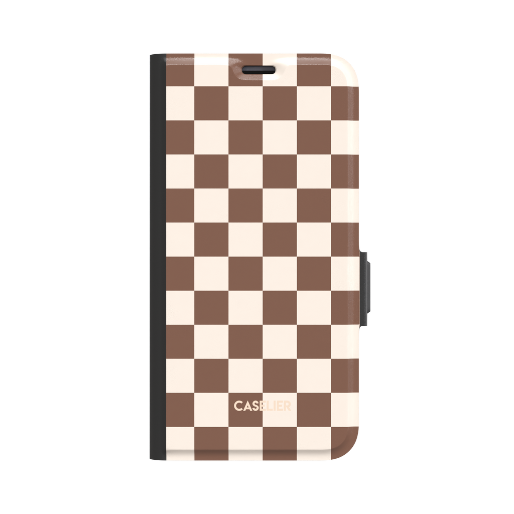 Warm brown and cream checkerboard pattern phone case with retro two-tone square grid, glossy finish, phone case by Caselier - wallet case, front view | Caselier