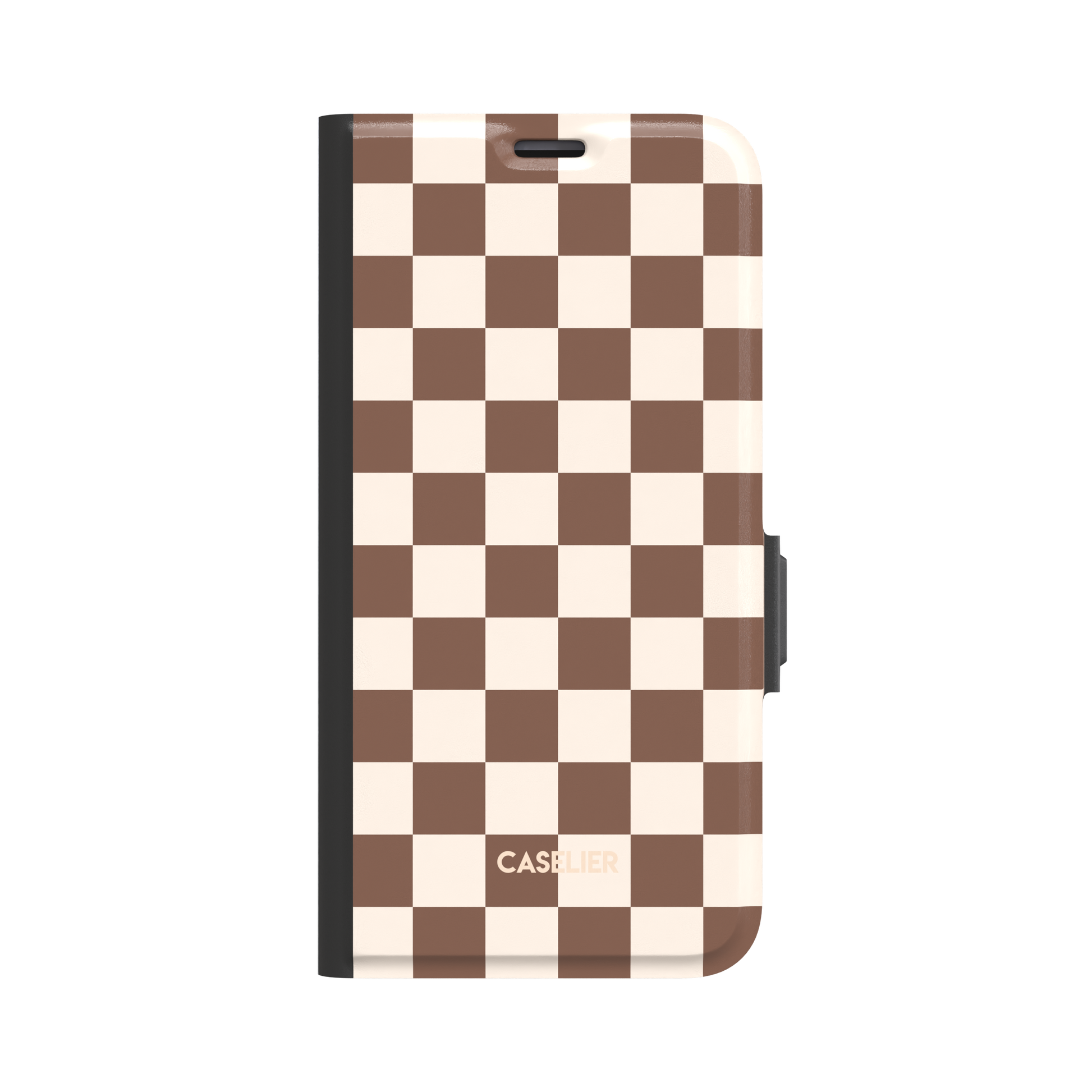 Warm brown and cream checkerboard pattern phone case with retro two-tone square grid, glossy finish, phone case by Caselier - wallet case, front view | Caselier