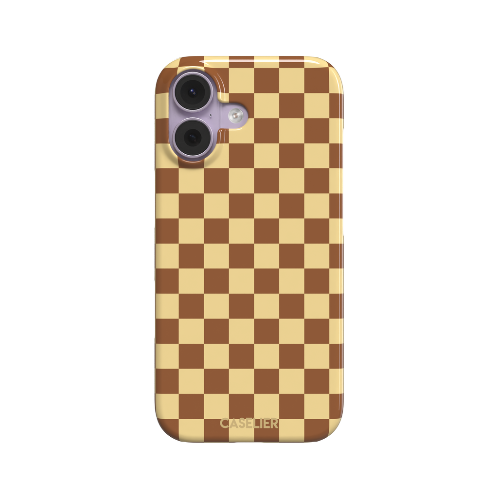 Checkered phone case in warm brown and pale yellow checkerboard pattern, phone case by Caselier — snap case, front view