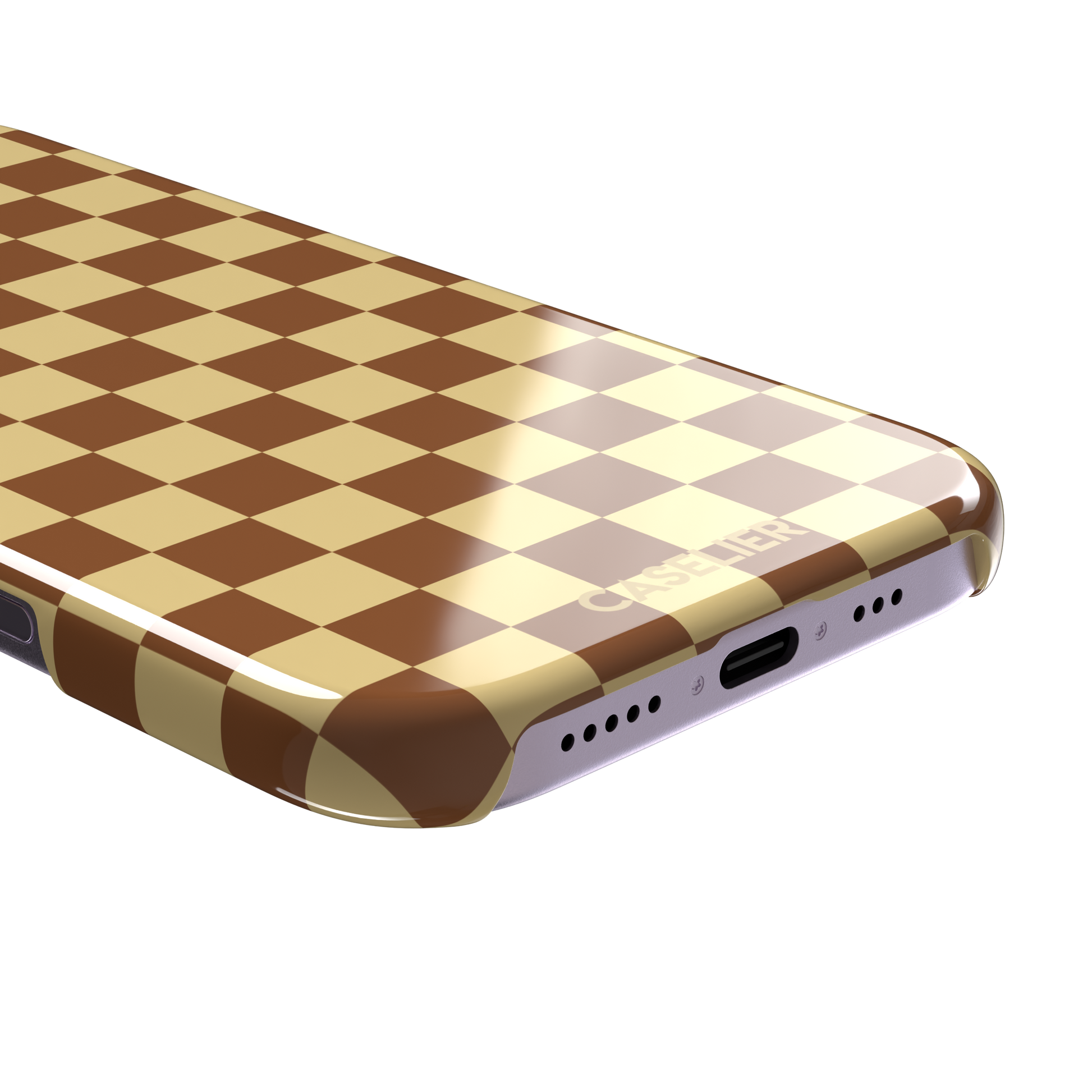 Checkered phone case in warm brown and pale yellow checkerboard pattern, phone case by Caselier — snap case, charging port detail