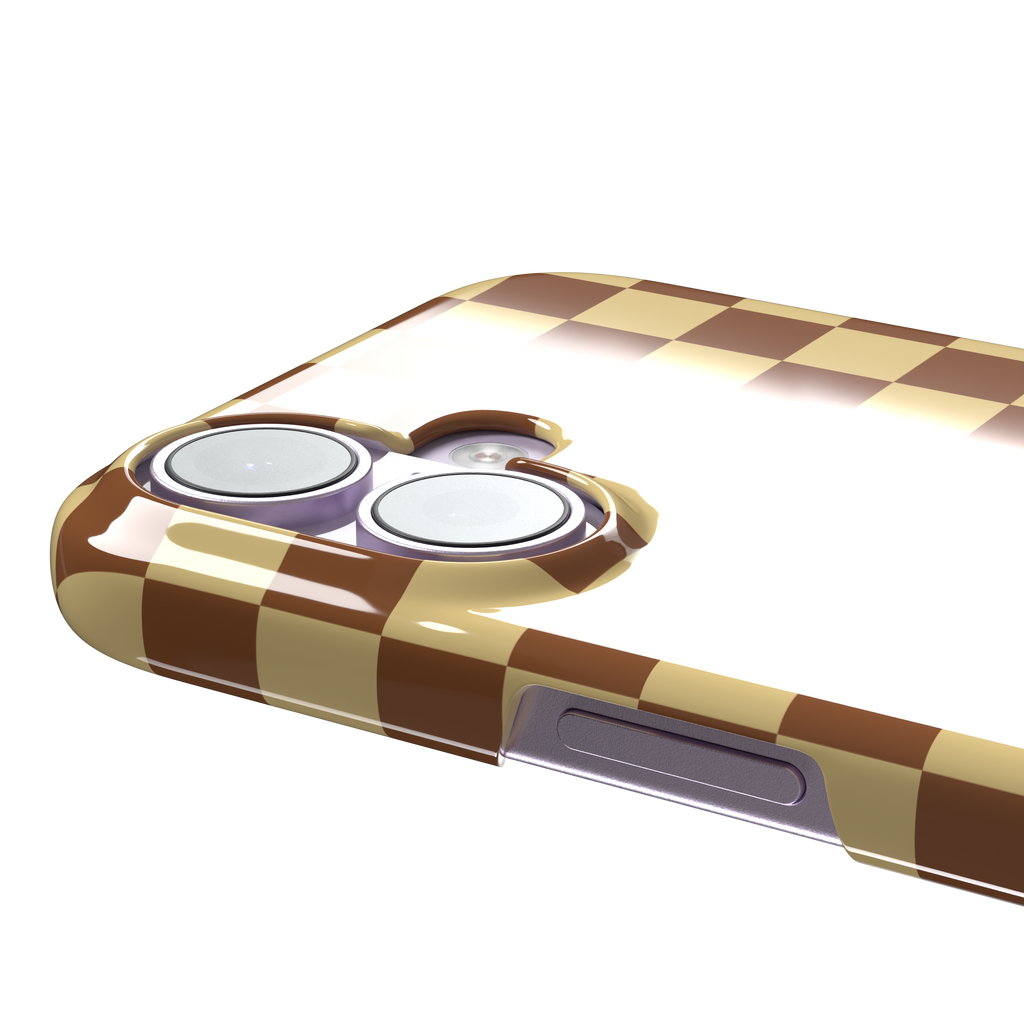 Checkered phone case in warm brown and pale yellow checkerboard pattern, phone case by Caselier — snap case, volume buttons detail