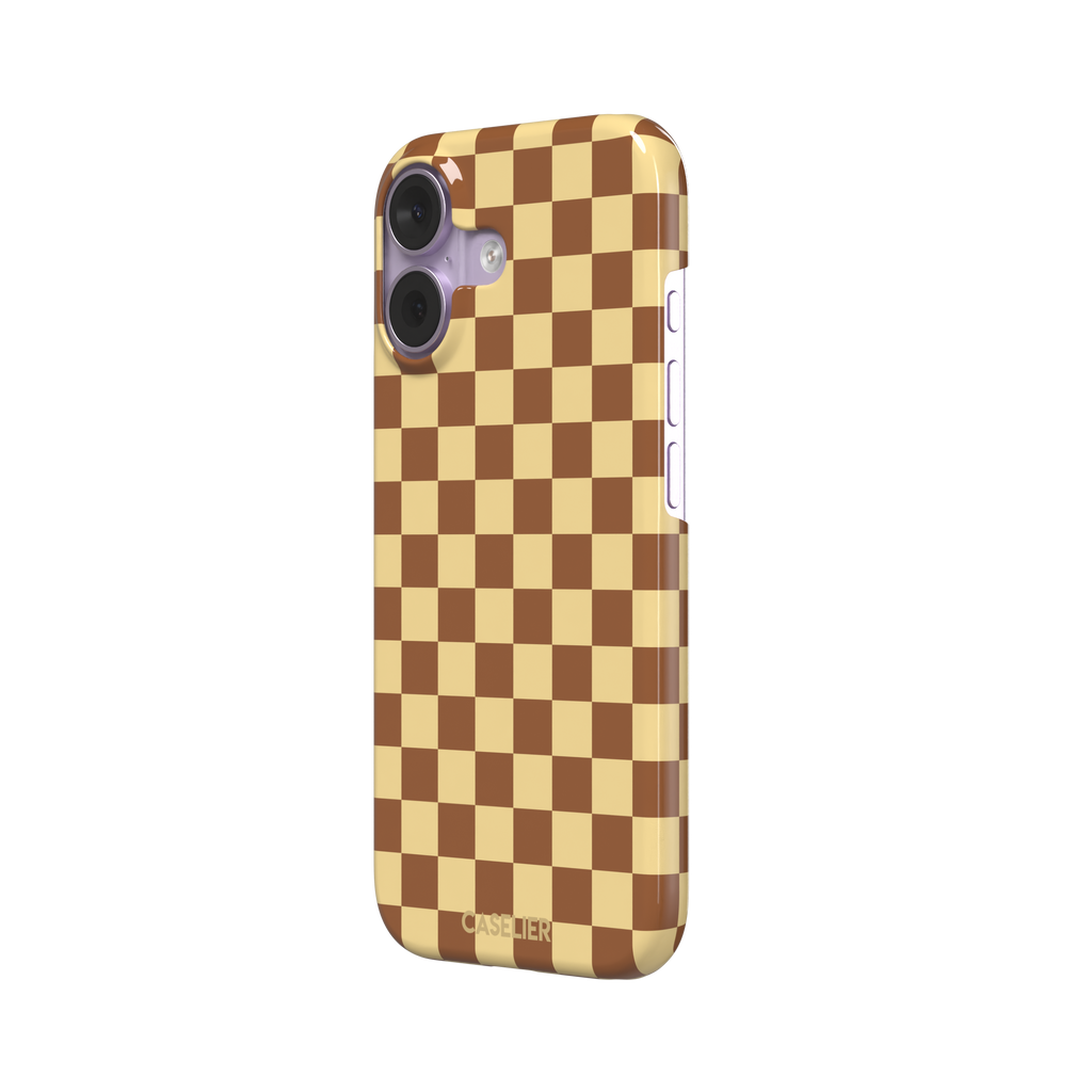 Checkered phone case in warm brown and pale yellow checkerboard pattern, phone case by Caselier — snap case, right view