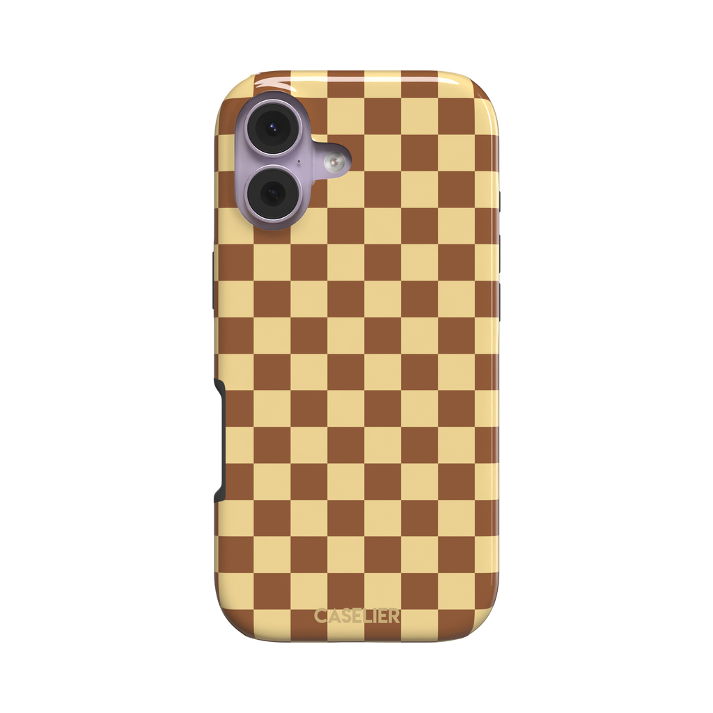 Checkered phone case in warm brown and pale yellow checkerboard pattern, phone case by Caselier — tough case, front view