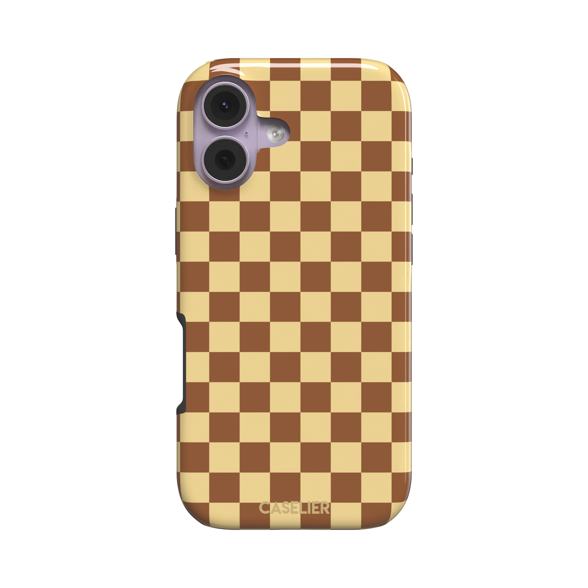 Checkered phone case in warm brown and pale yellow checkerboard pattern, phone case by Caselier — tough case, front view