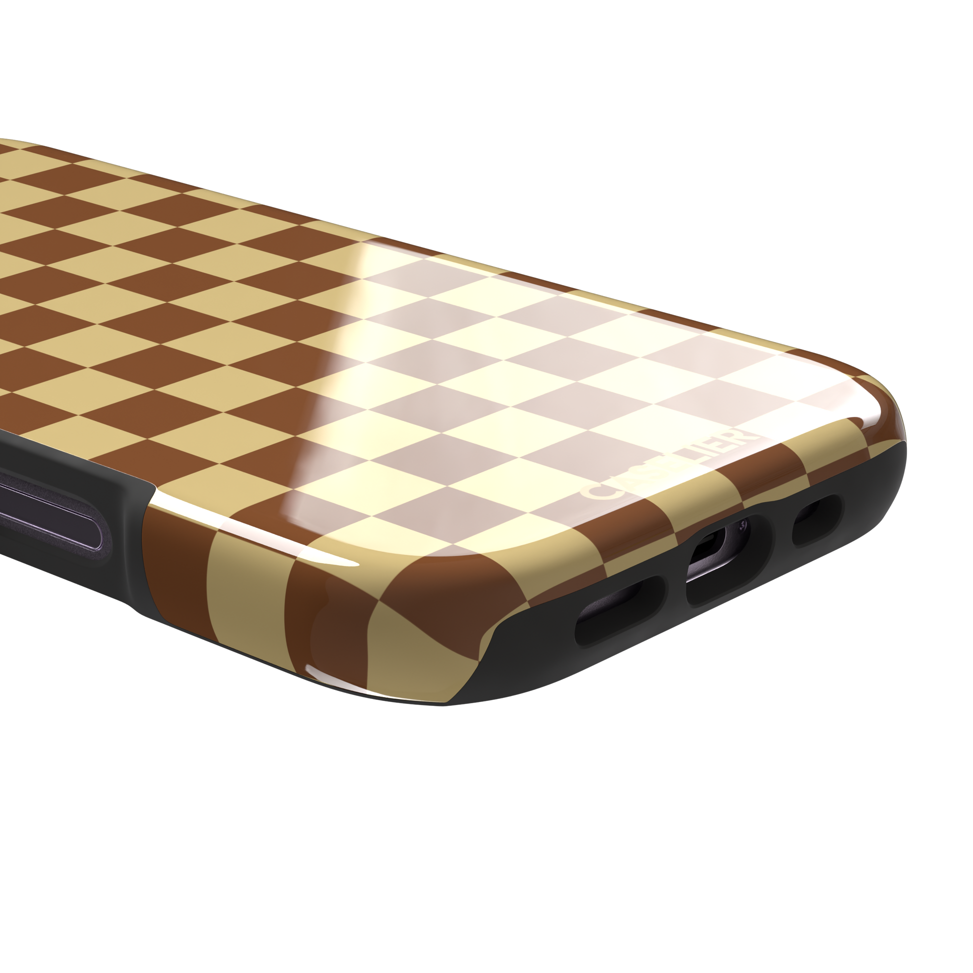 Checkered phone case in warm brown and pale yellow checkerboard pattern, phone case by Caselier — tough case, charging port detail
