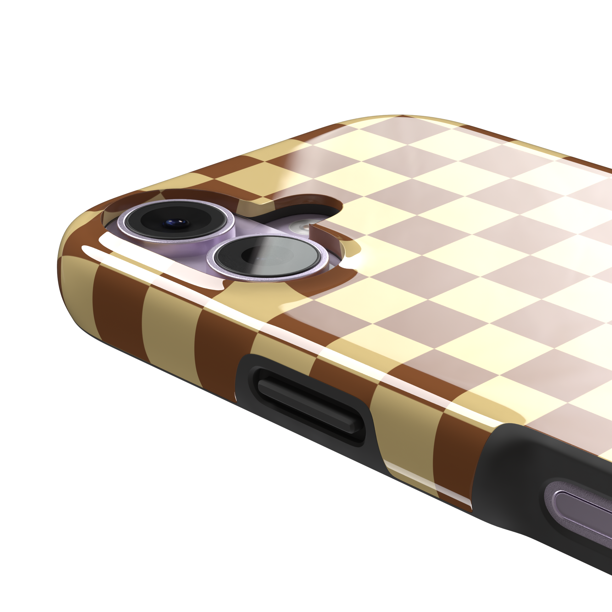 Checkered phone case in warm brown and pale yellow checkerboard pattern, phone case by Caselier — tough case, volume buttons detail