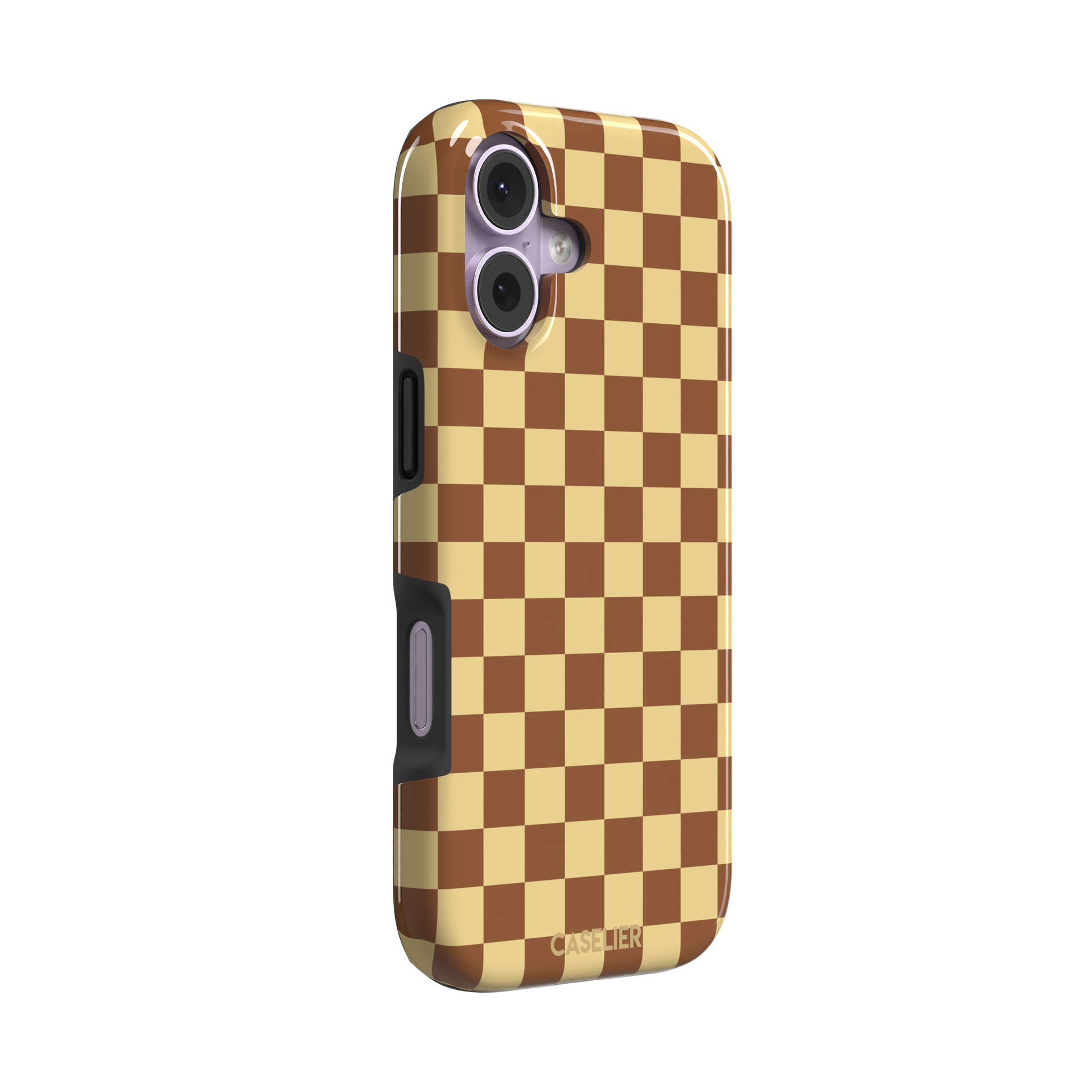 Checkered phone case in warm brown and pale yellow checkerboard pattern, phone case by Caselier — tough case, left view