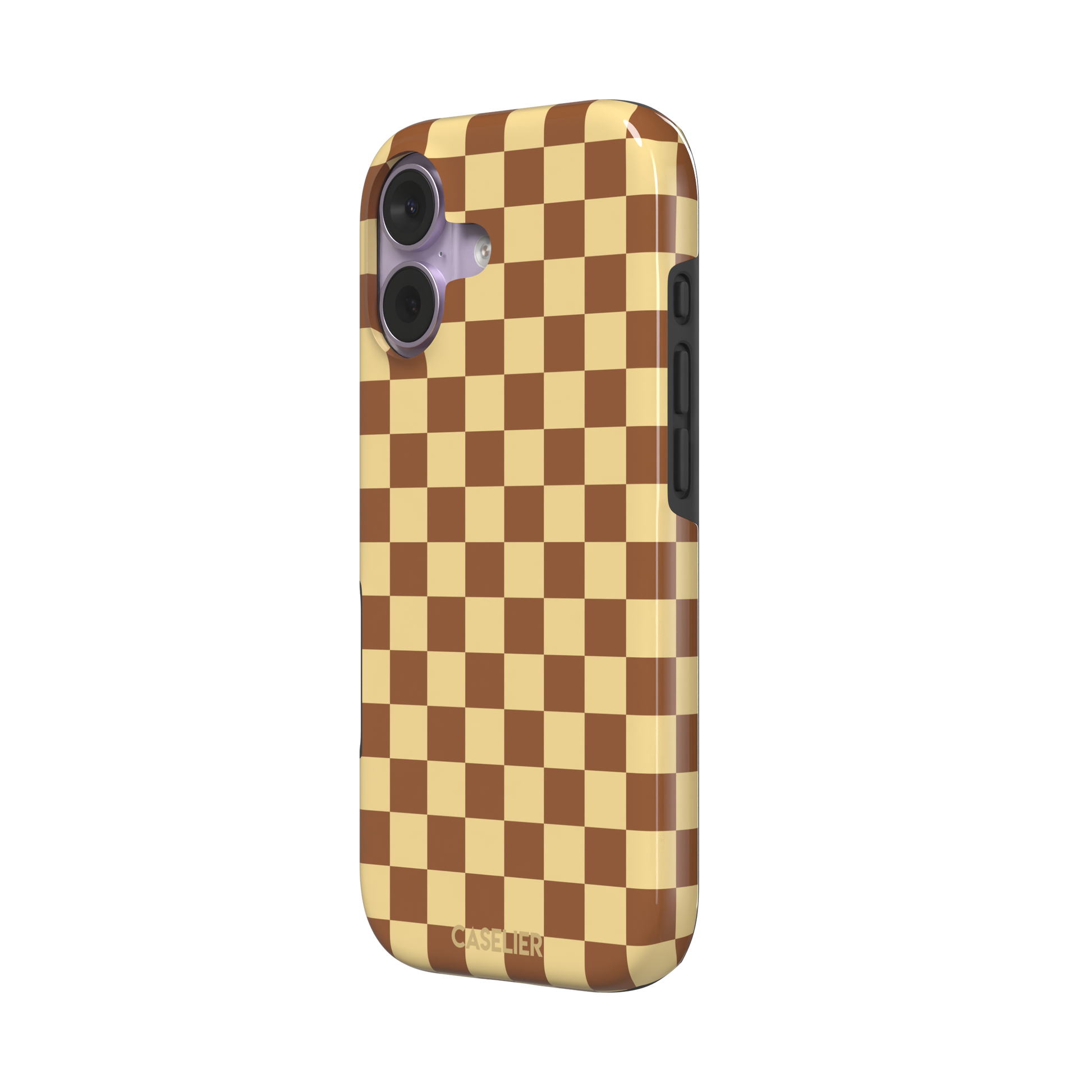 Checkered phone case in warm brown and pale yellow checkerboard pattern, phone case by Caselier — tough case, right view