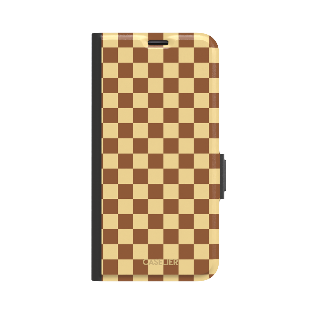 Checkered phone case in warm brown and pale yellow checkerboard pattern, phone case by Caselier — wallet case, front view