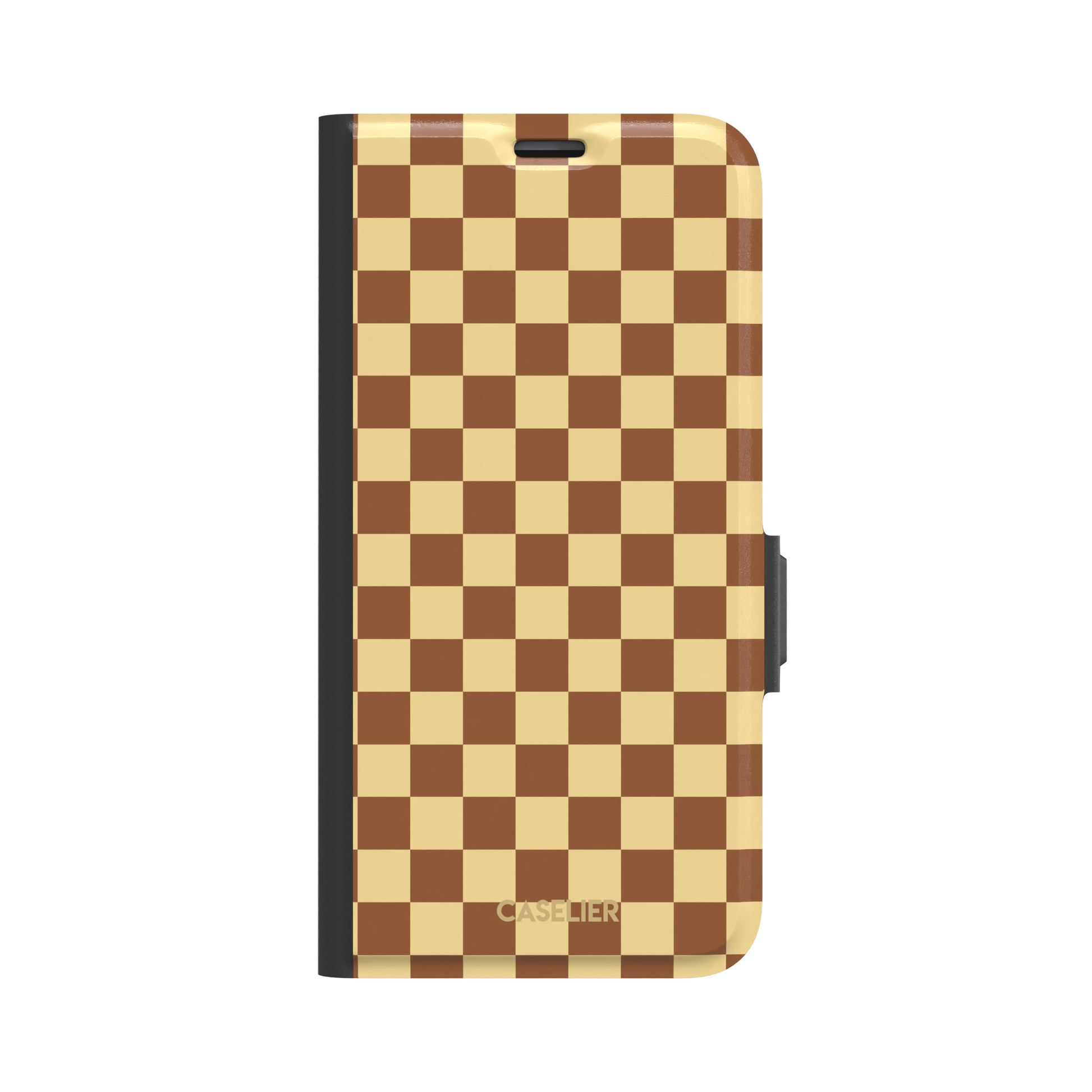 Checkered phone case in warm brown and pale yellow checkerboard pattern, phone case by Caselier — wallet case, front view