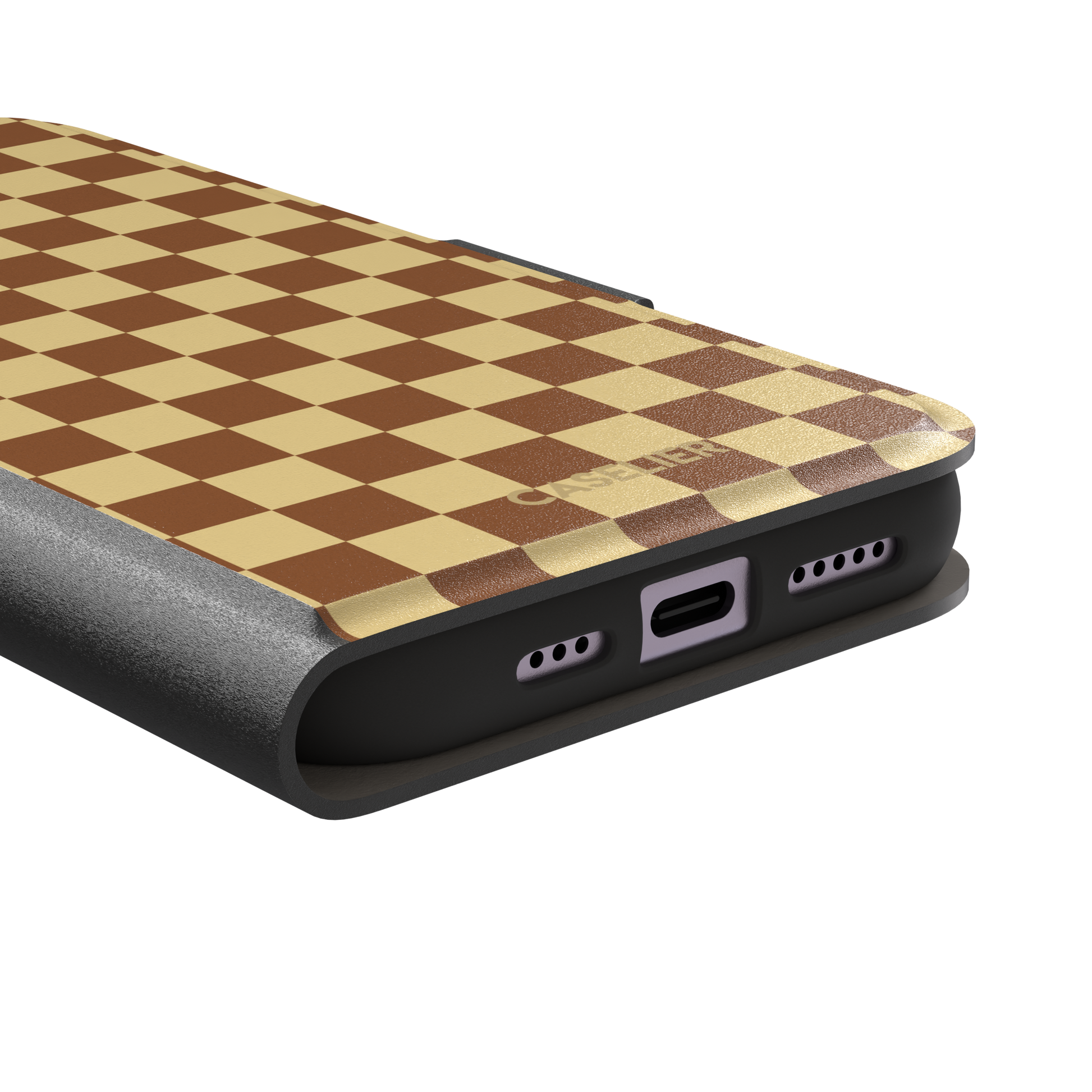 Checkered phone case in warm brown and pale yellow checkerboard pattern, phone case by Caselier — wallet case, charging port detail