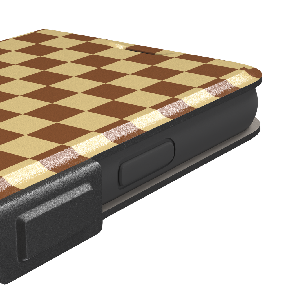 Checkered phone case in warm brown and pale yellow checkerboard pattern, phone case by Caselier — wallet case, volume buttons detail